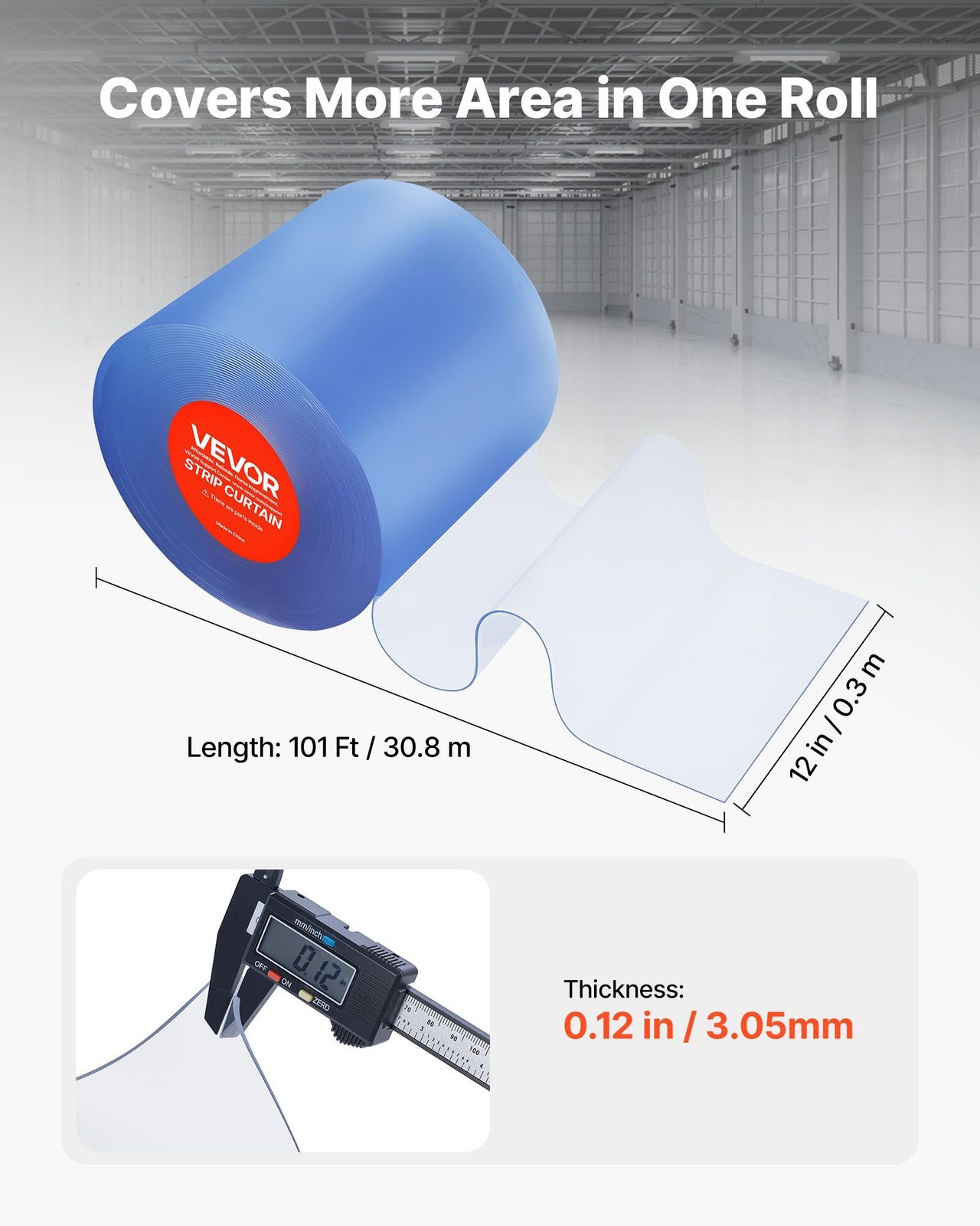 101ftx12in Clear PVC Strip Curtain Roll, Thermal Insulating Plastic Bulk