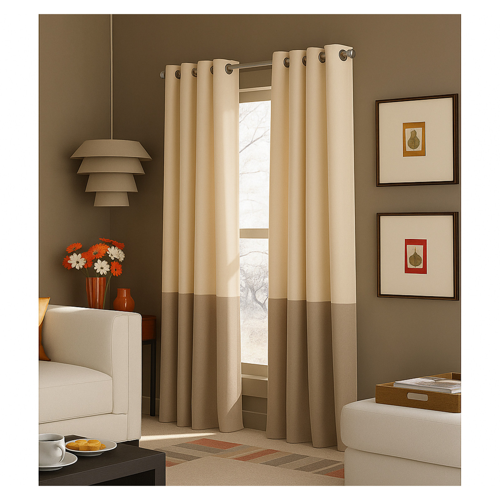 Curtainworks Beige Brown Color Block Room Darkening Grommet Curtain 42″W x 84″L