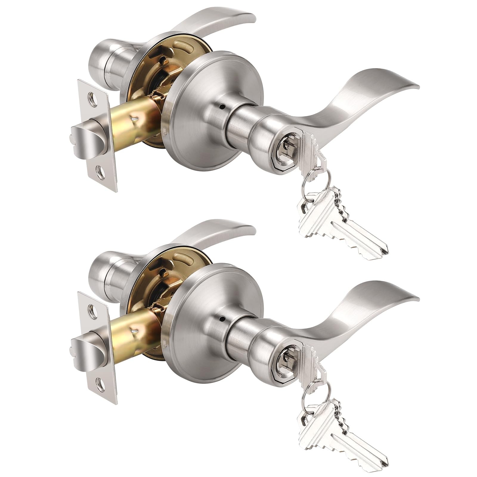 Knobonly 2 Pack Keyed Bathroom/Bedroom Door Lock Satin Nickel Front Door Handle