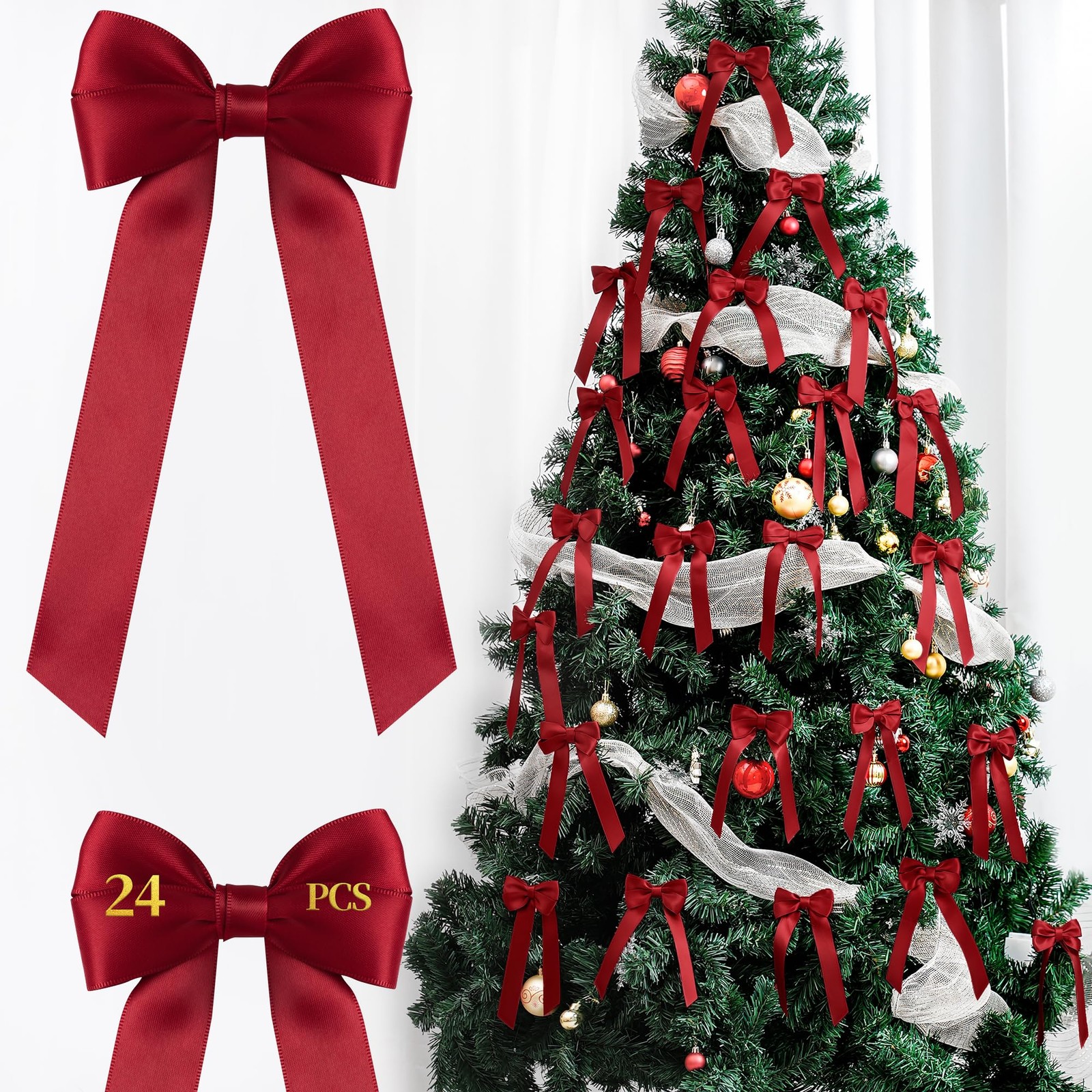 24 PCS Red Christmas Bows For Gift Wrapping Tree Decorations Ribbons Ties