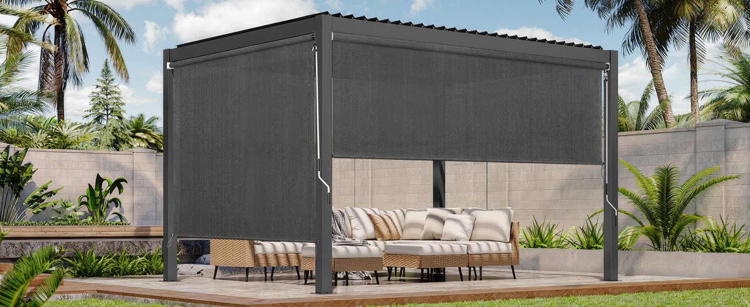 Outdoor Roller Shades 8′ W x 6′ L (96″ W x 72″ H), Cordless Patio Shades Roll Up