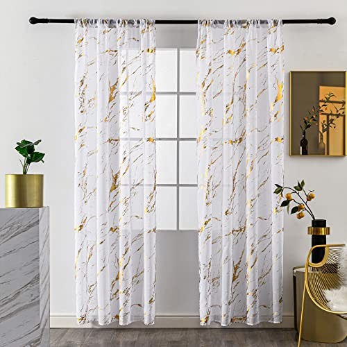 Marble White Sheer Curtains 84 Inch 52″W x 84″L (Pack of 2) Gold and White