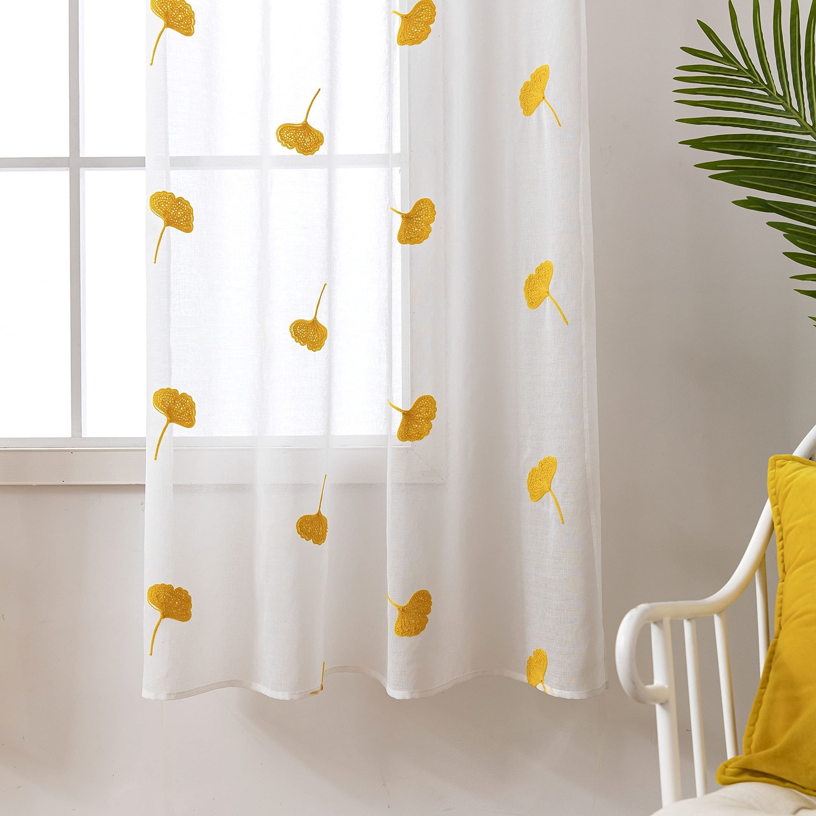Yellow Sheer Curtains 84 Inches Long Embroidered Leaf Patterned Linen Look Fl…
