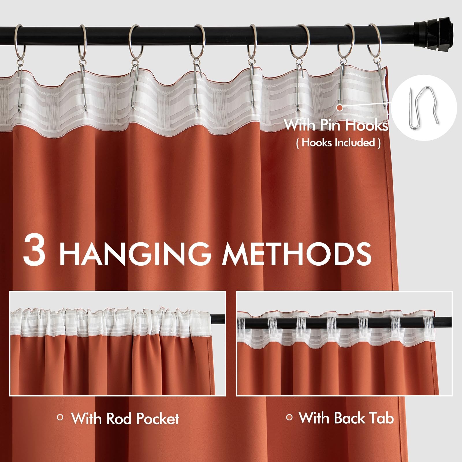 MIULEE Back Tab Burnt Orange Blackout Curtains 108 Inch Long 2 Panels Set for Li