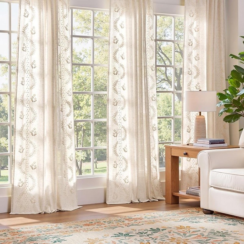 Floral Embroidered Linen Blend Curtains Farmhouse Light Filtering Privacy Panels