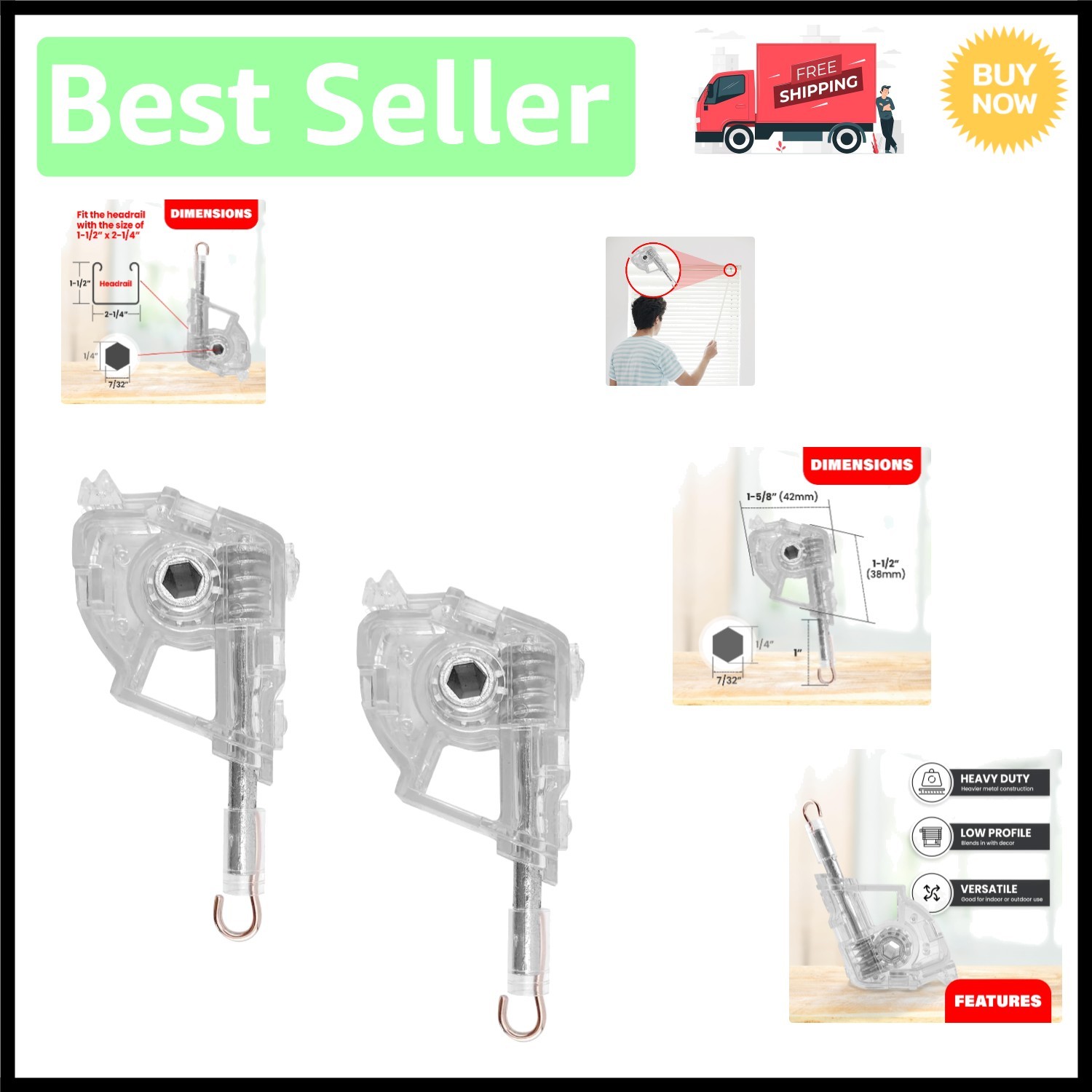 Heavy Duty Low Profile Wand Tilters for Blinds – Reliable Metal Design, Set of 2