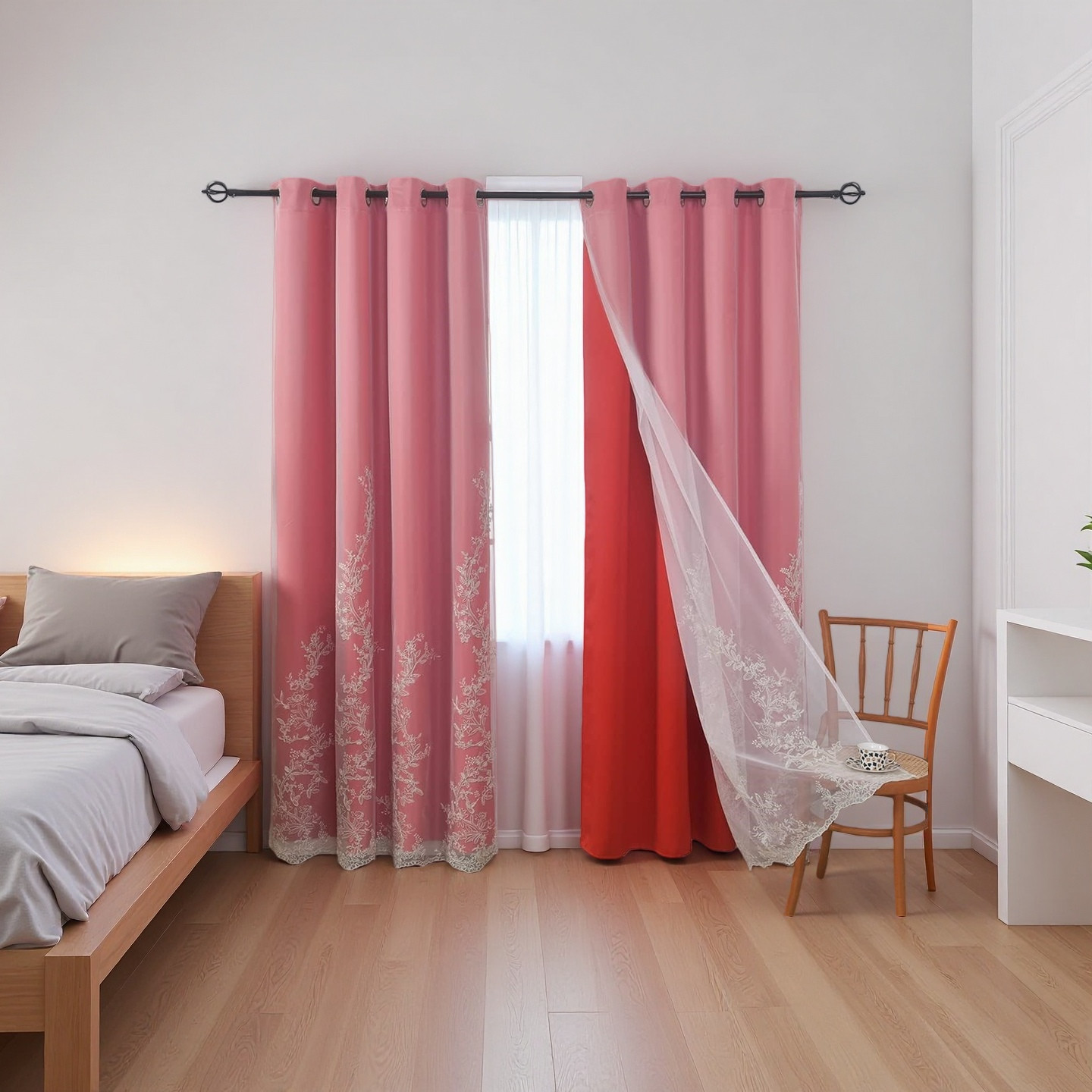 Red Double Layer Curtains 52x72inch, Embroidered Sheer Overlay Soild Curtains