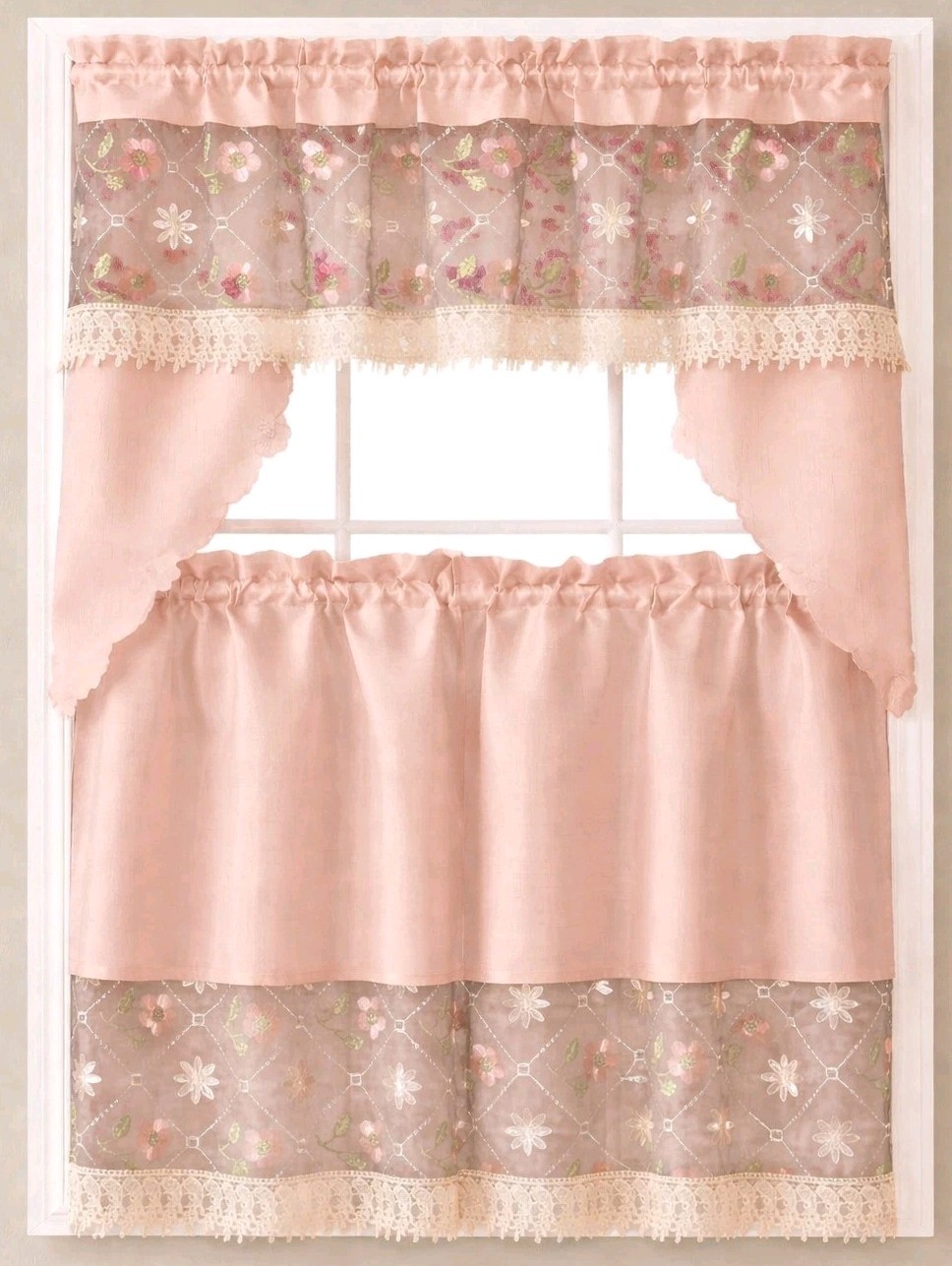 3pc Embroidery Kitchen Curtain «Blush Pink Flower» New FREE SHIPPING