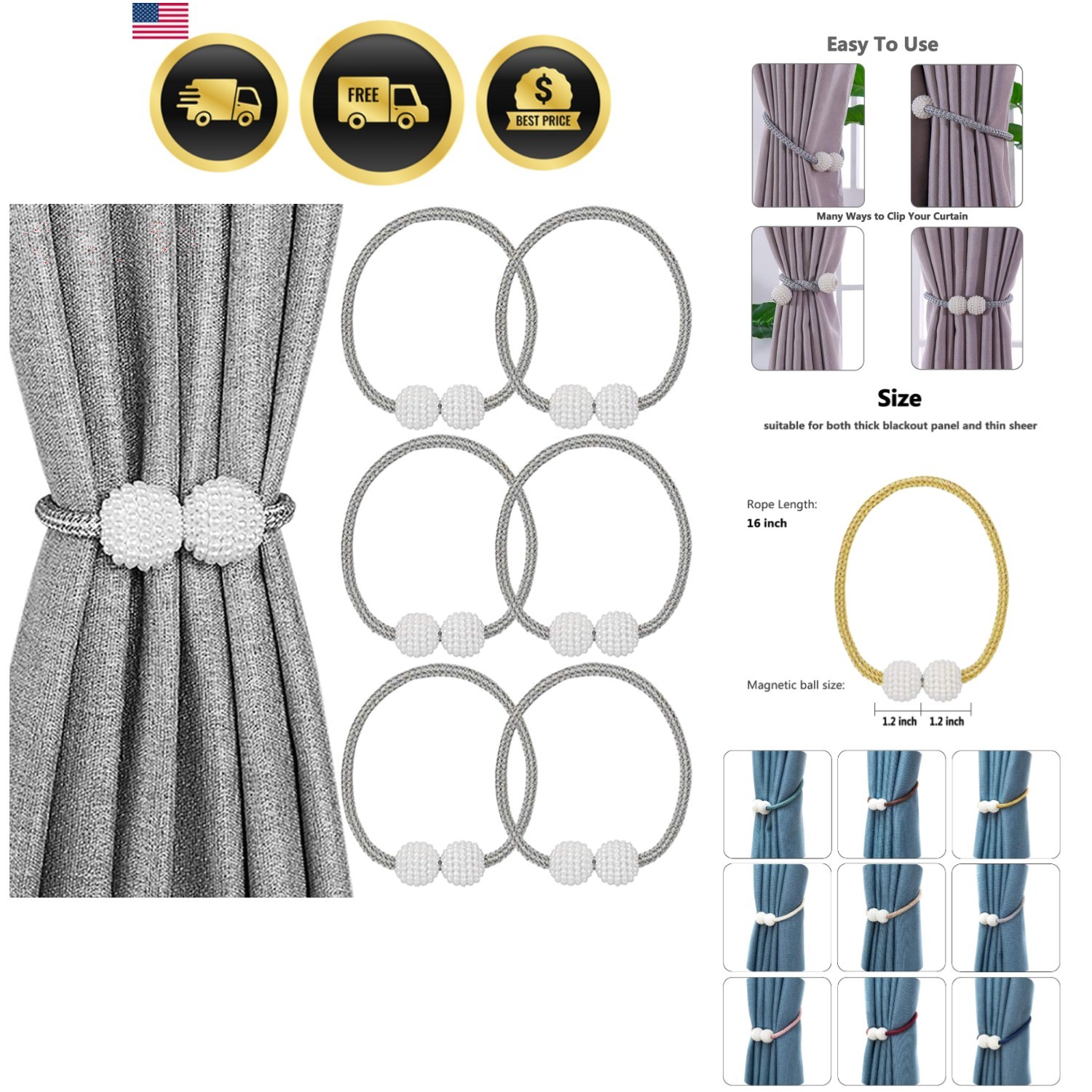 6 Pack Magnetic Curtain Tiebacks, Decorative Curtain Holdbacks for Window Déc…