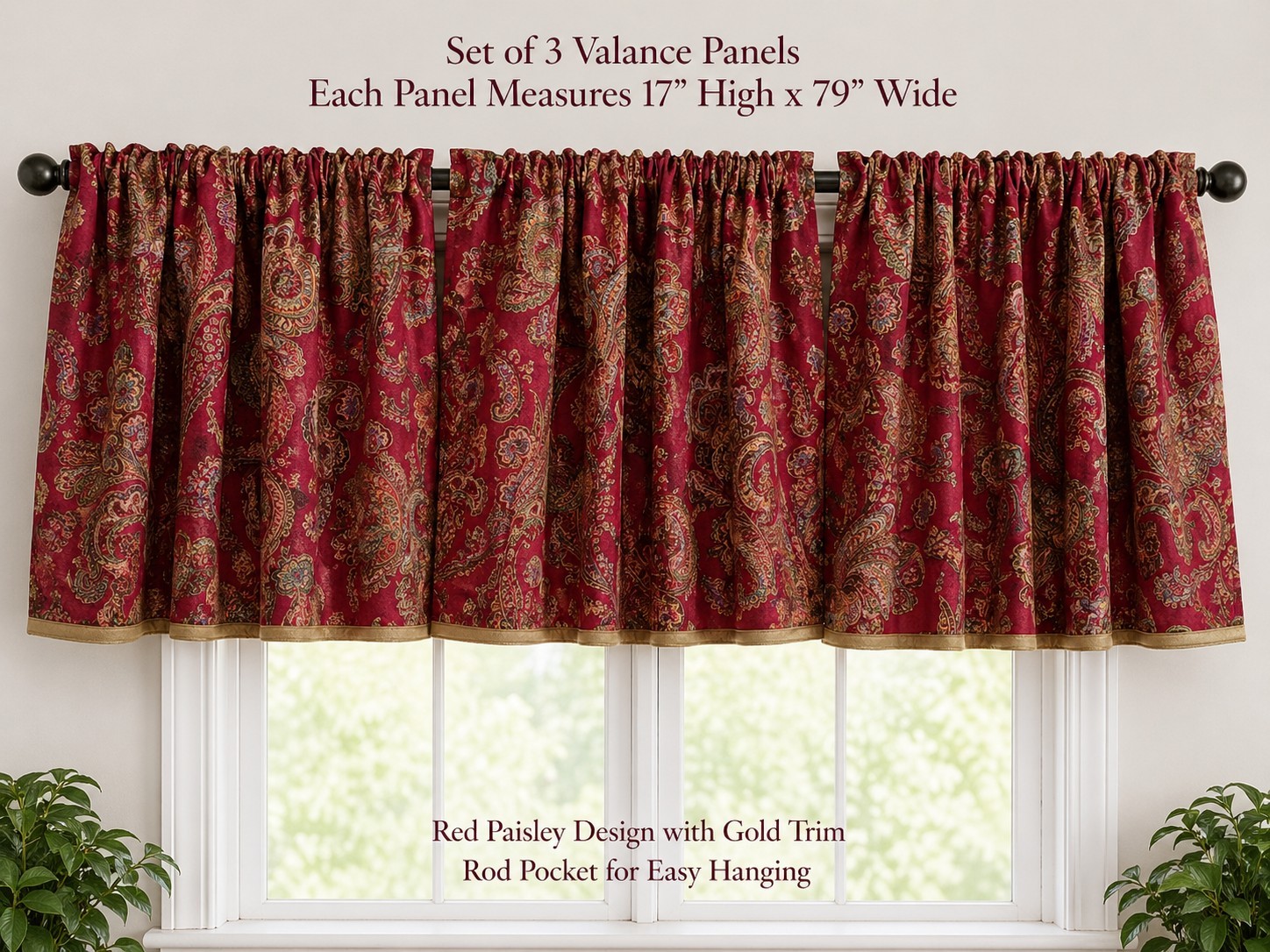 Chaps Ralph Lauren Paisley Valance Set of 3 Red Window Curtain 17×79