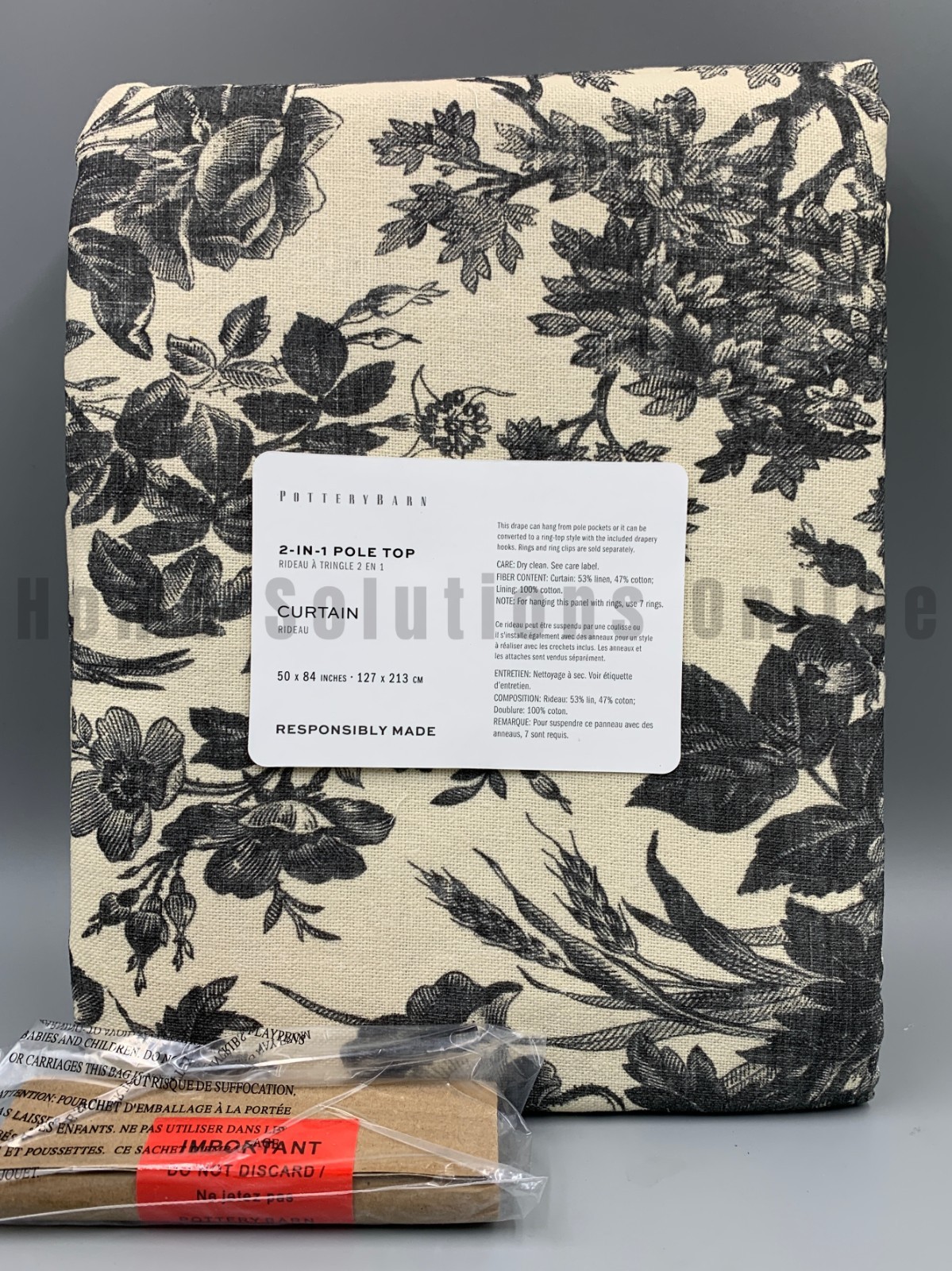 Pottery Barn Sorrel Toile Cotton Lined Curtain Charcoal 50″ x 84″ #Q9X
