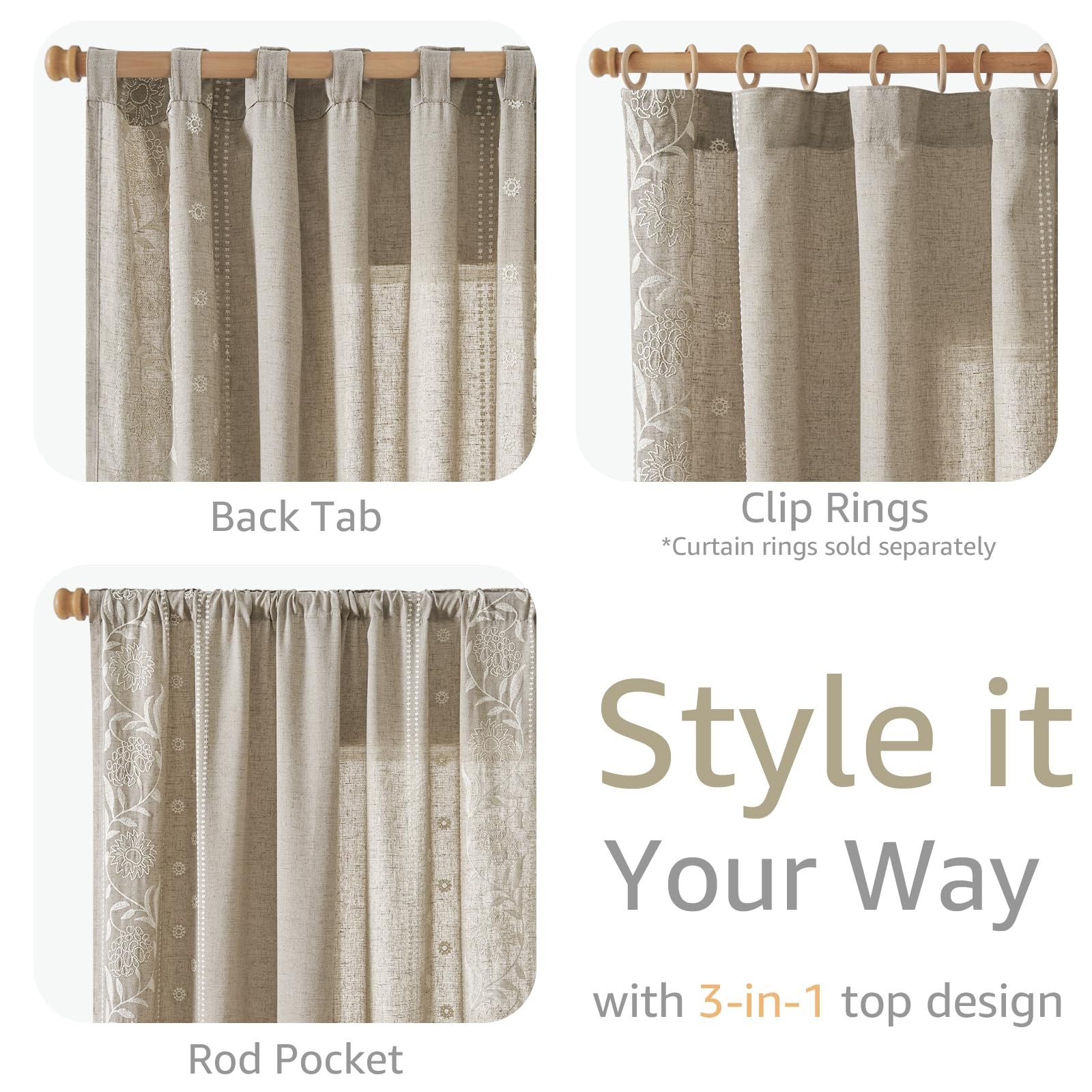 Winslow Linen Curtains for Bedroom 84 Inches Length Ivory on Taupe Embroidere…