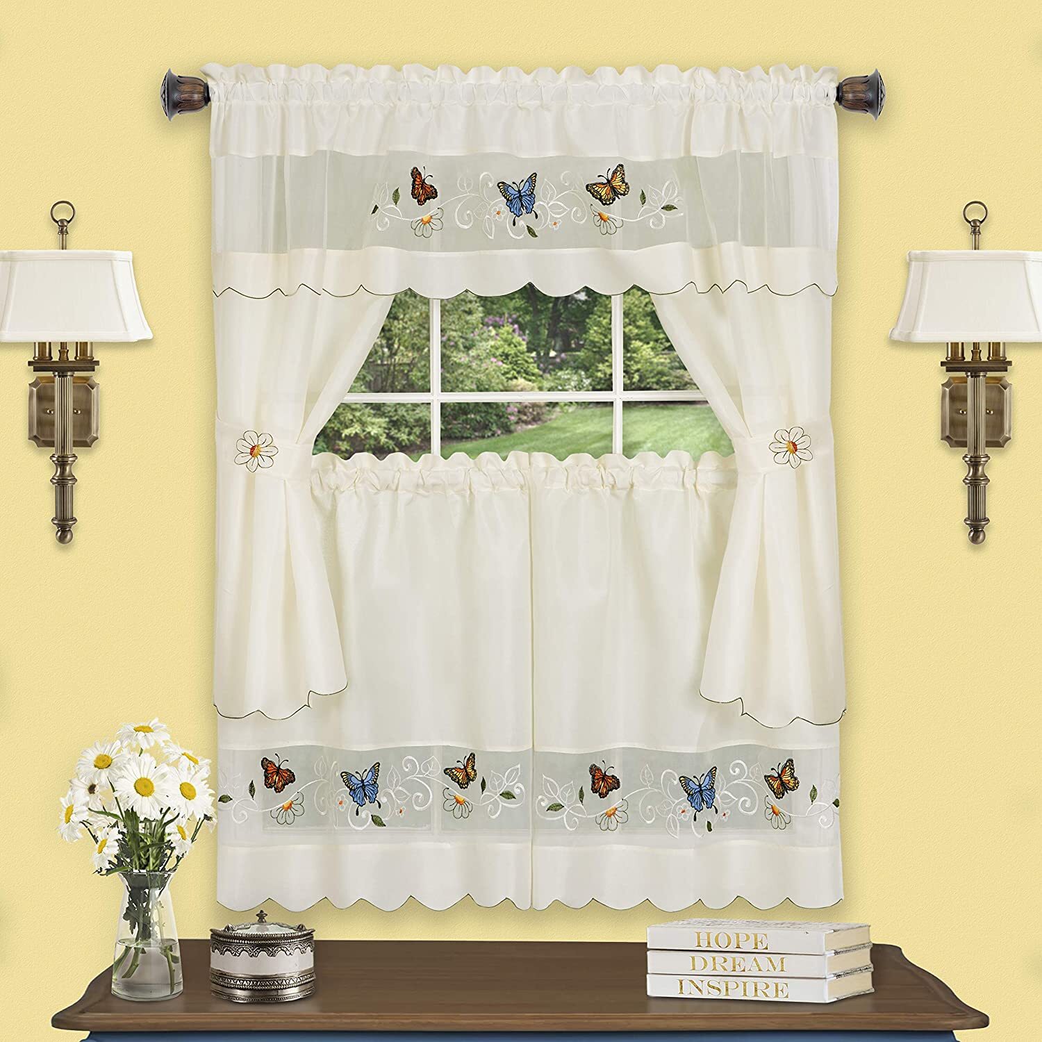 DAISY MEADOW EMBROIDERED BUTTERFLY KITCHEN CURTAINS AND SWAG SET