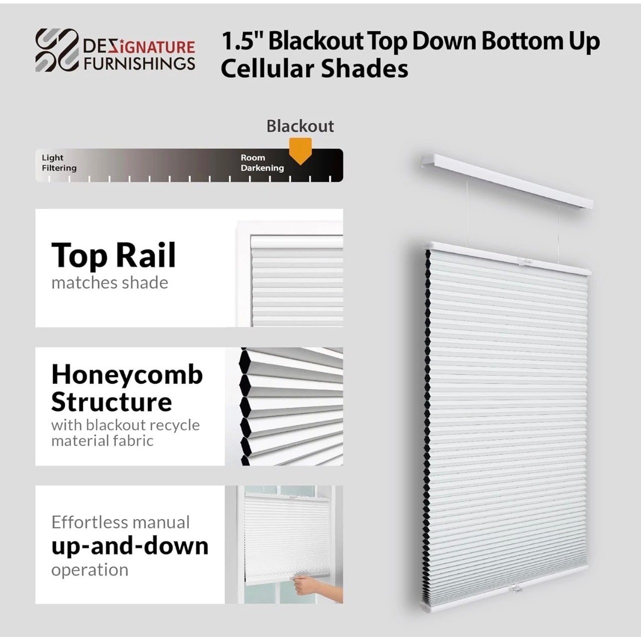 Designature Furnishing Blackout Top Down Bottom Up Cellular Shades White 34.5×48
