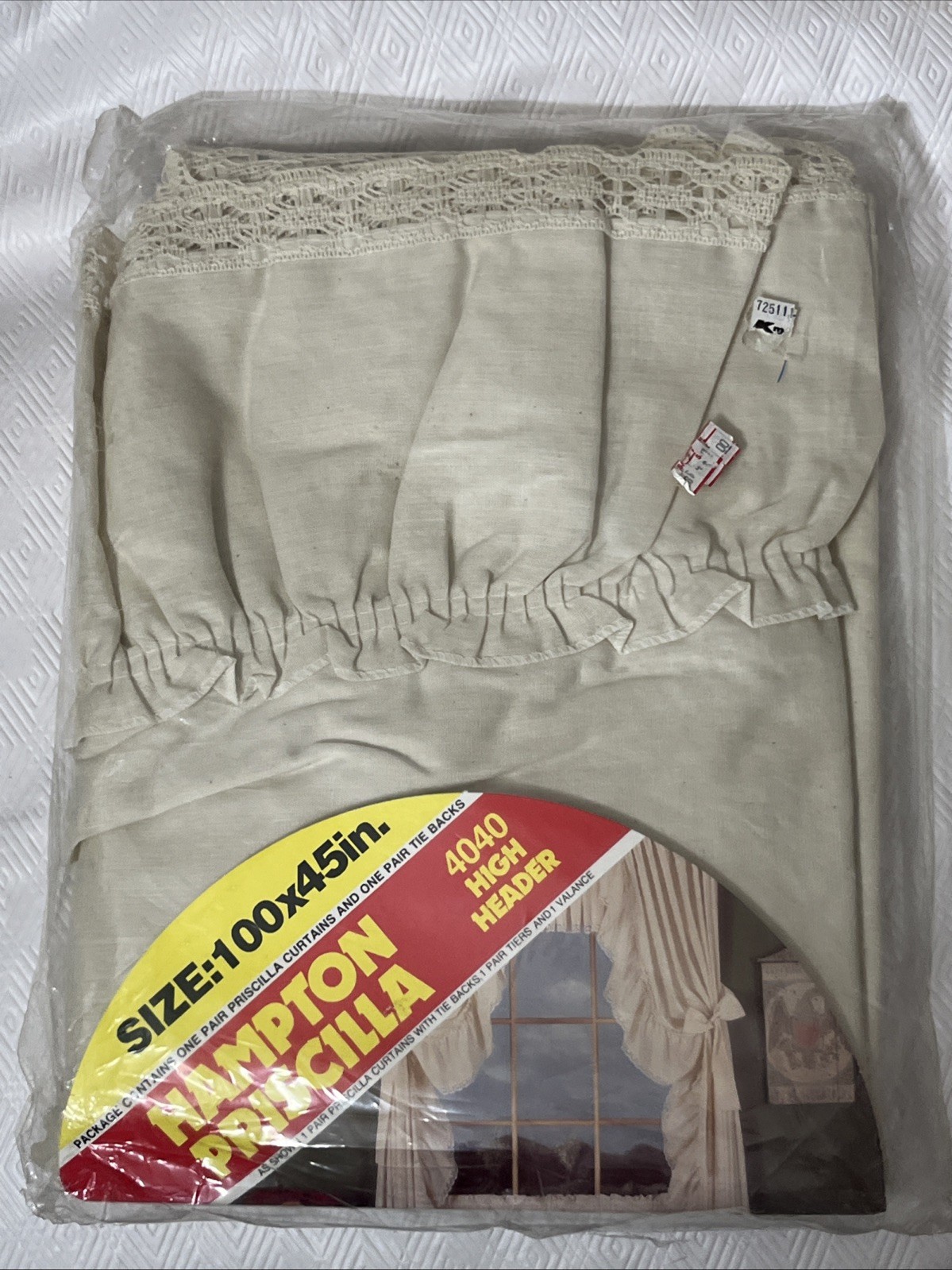 Vtg High Header Hampton Pricilla Curtains With Tie Backs 100×45 Natural Kmart