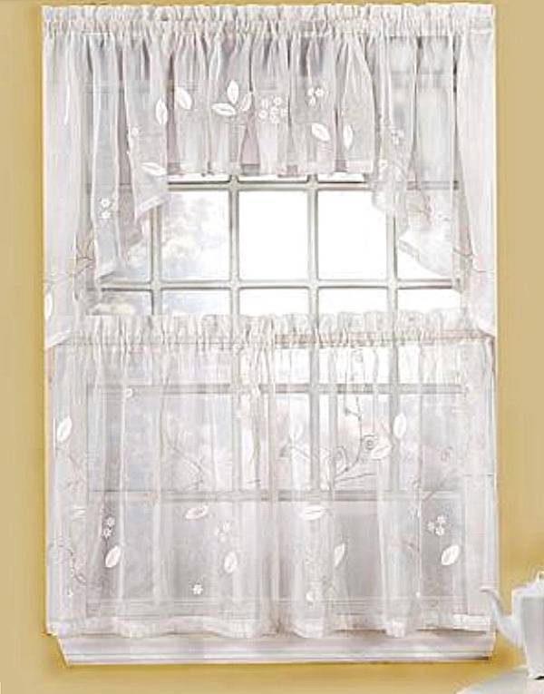 New CHF Window Curtain Leaf Applique One Pair of Tailored Tiers 60×24, Ivory
