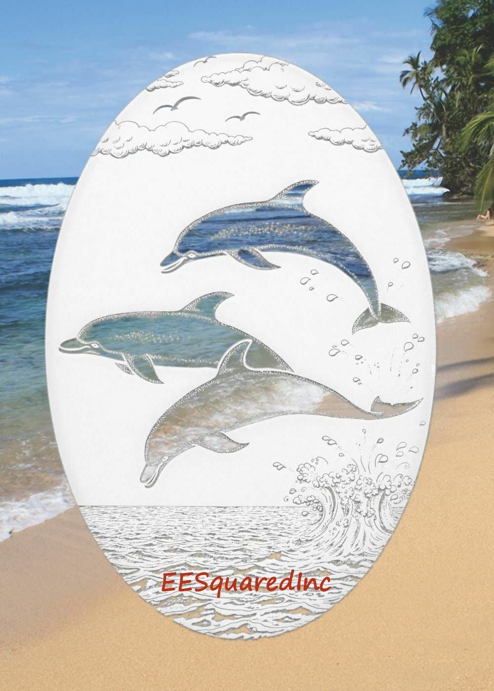 Dolphins Jumping Window Decal 10×16 OVAL Static Cling for Glass Doors Mirrors