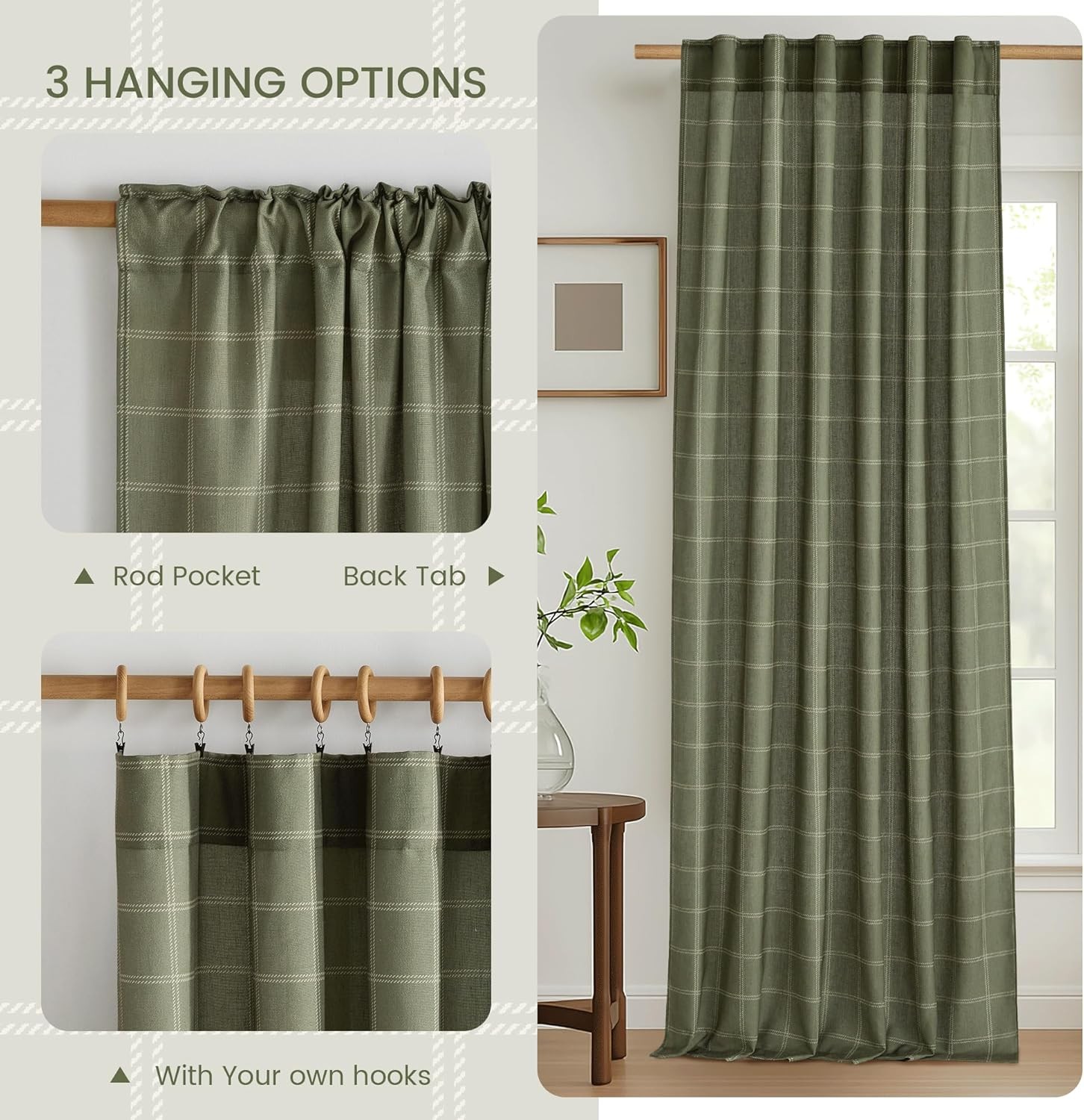 2 Panels 52 X 84 Inch Long Linen Plaid Curtains Modern Window Panels Moss Green