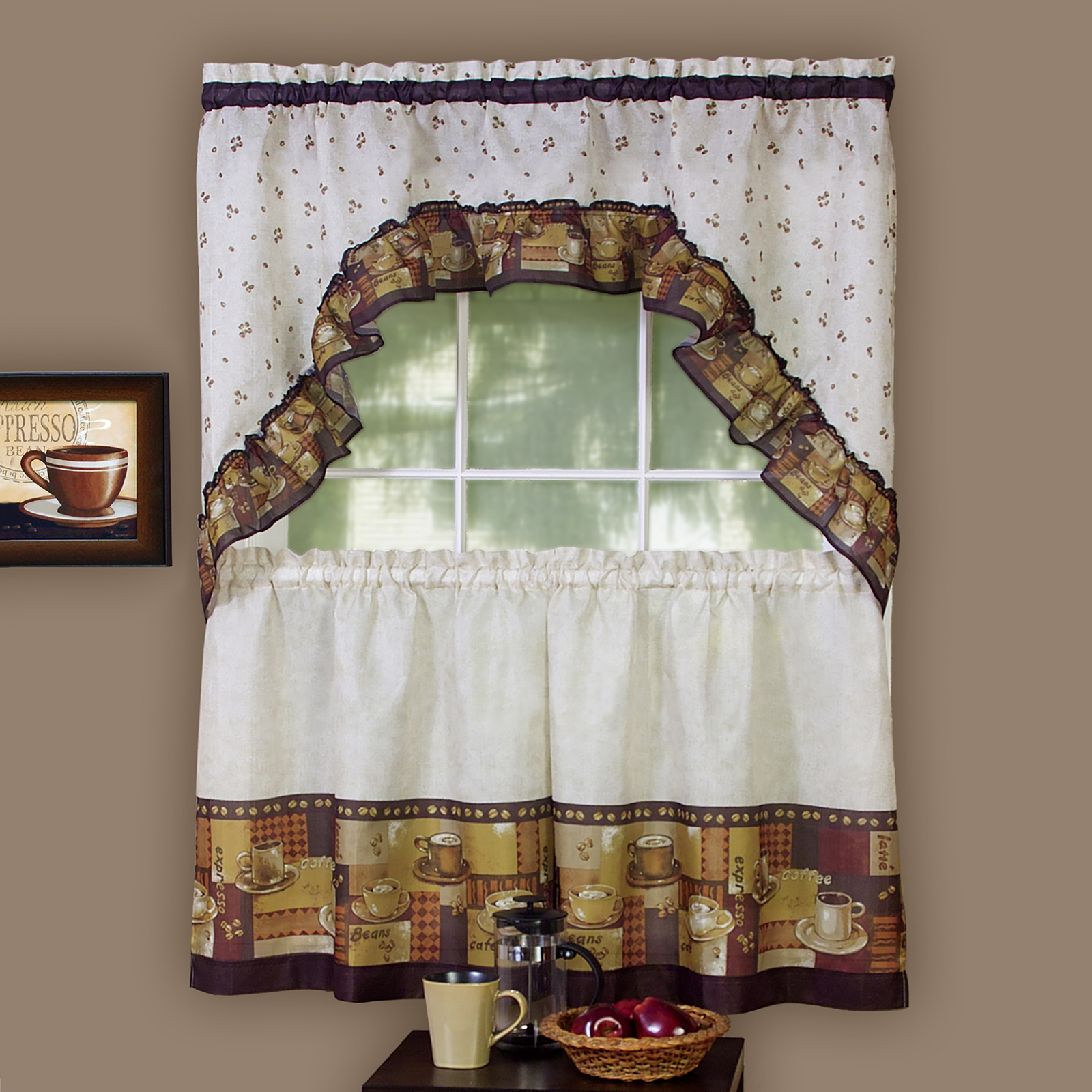 3-Piece Window Kitchen Curtain Set, Cafe and Latte, Tier Pair Panels + Top Swag
