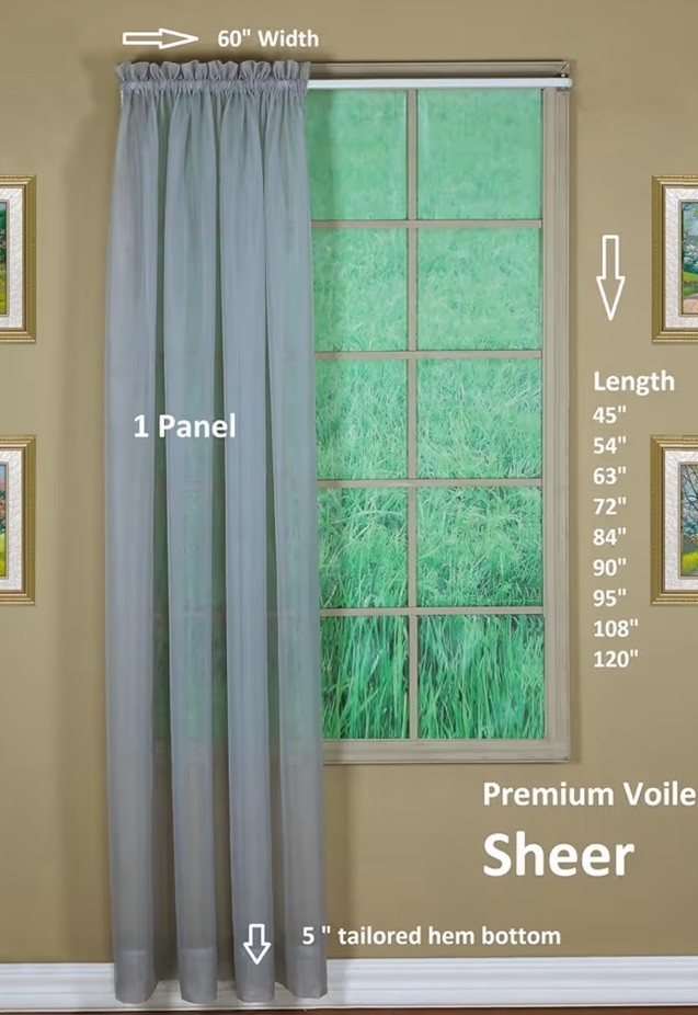 Voile Sheer Curtain Panel Emelia Original Grey 60″ W x 90″ L Elegant NEW