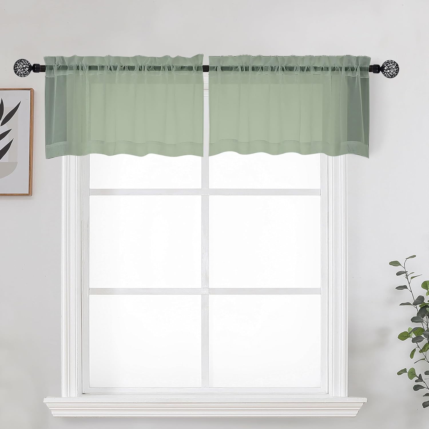 Sage Sheer Kitchen Valance for Windows Set 42″W x 14″L (Pack of 2) Sage Green