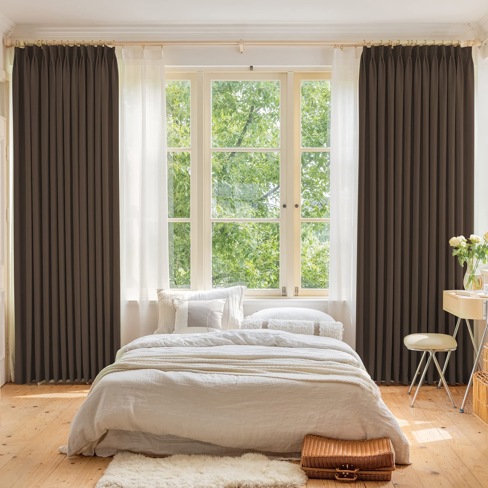 OYRING Chocolate Brown Pinch Pleated Curtain 52W x 96L Inches, Thermal Insula…