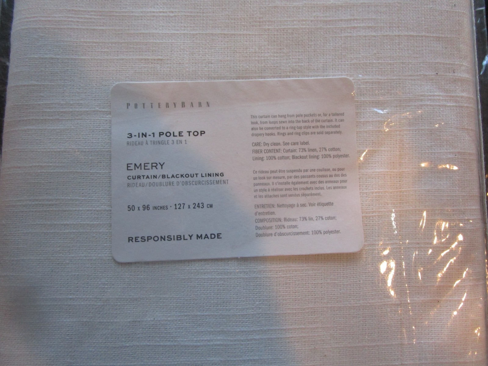 1 Pottery Barn EMERY LINEN DRAPE curtain 50 96 blackout white New w tag