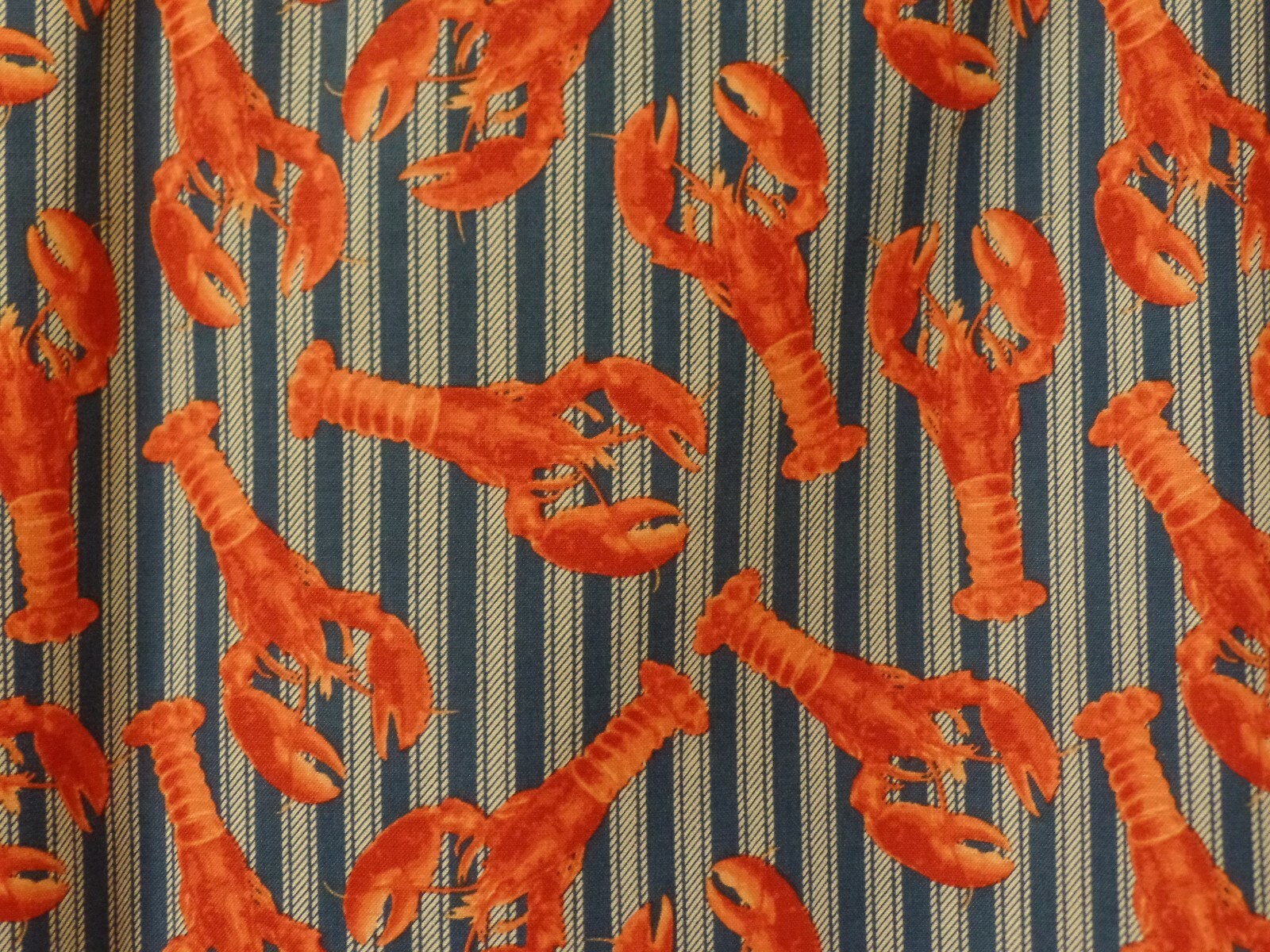 Blue Striped Ticking w/Red Lobsters Scattered Allover, Handmade Window VALANCES
