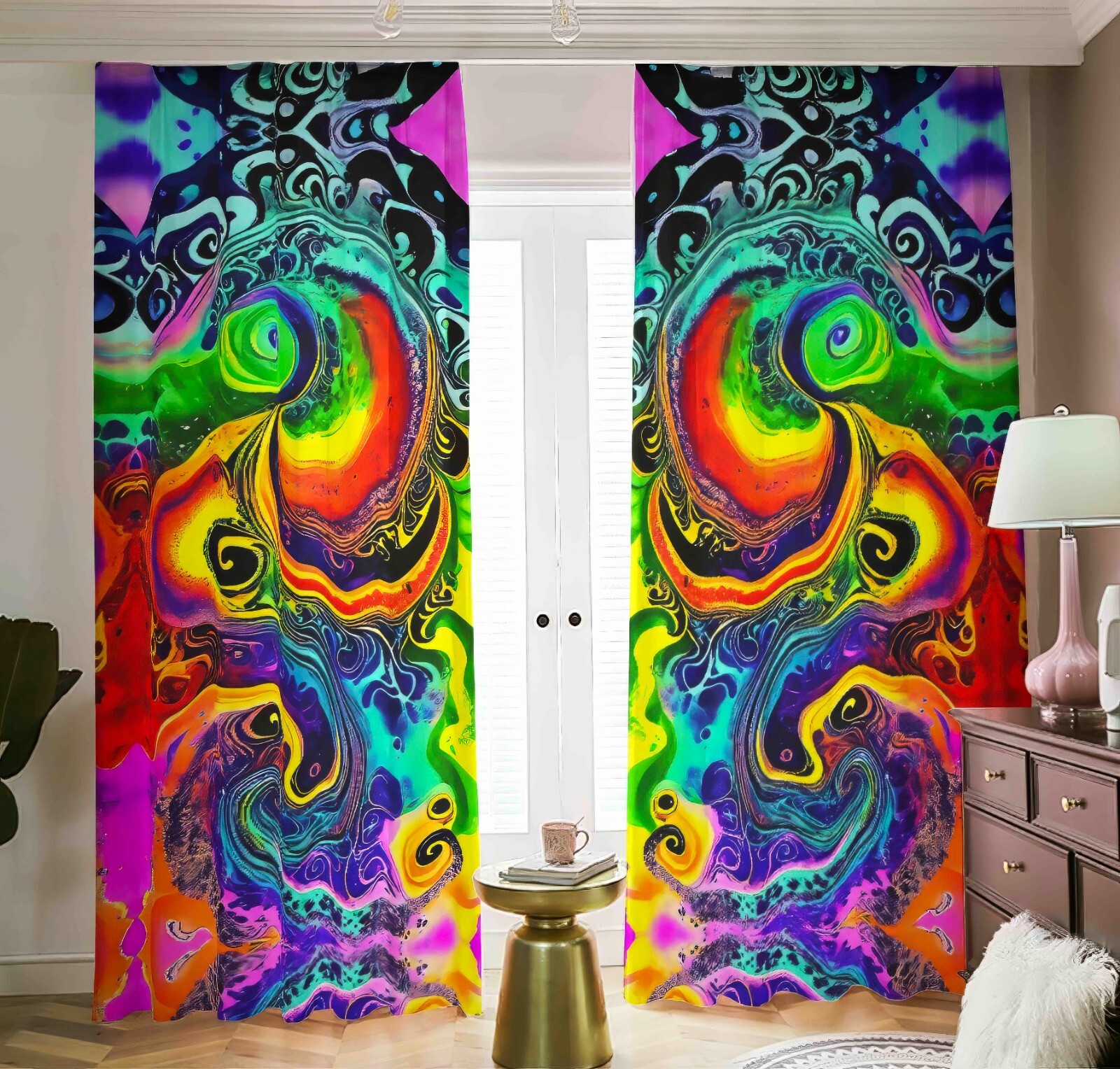 Rainbow Blackout Curtains Drapes Shades Liquid Trippy Fractal Rainbow Panels