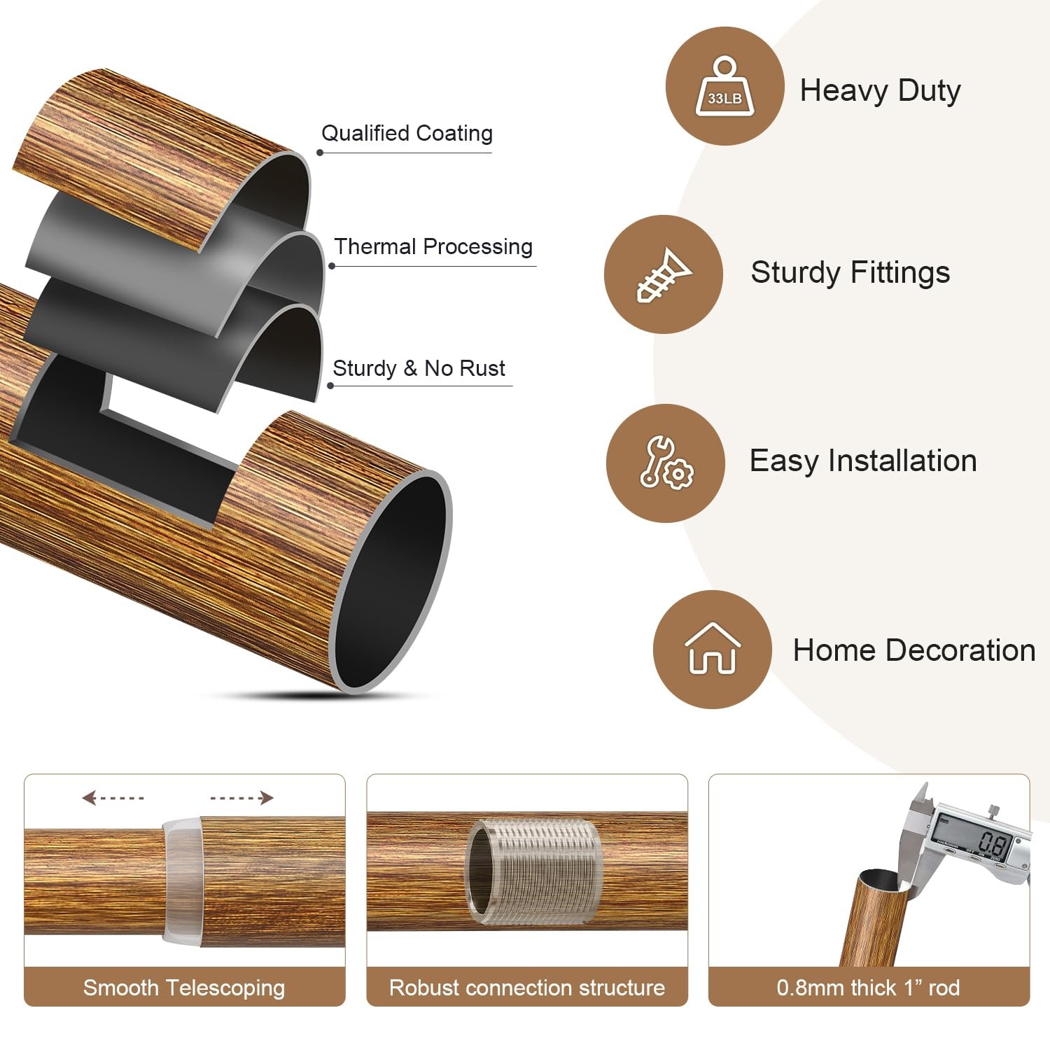 Wood Curtain Rods for Windows 66 to 120 Inches 1″ Diameter Boho Decorative He…