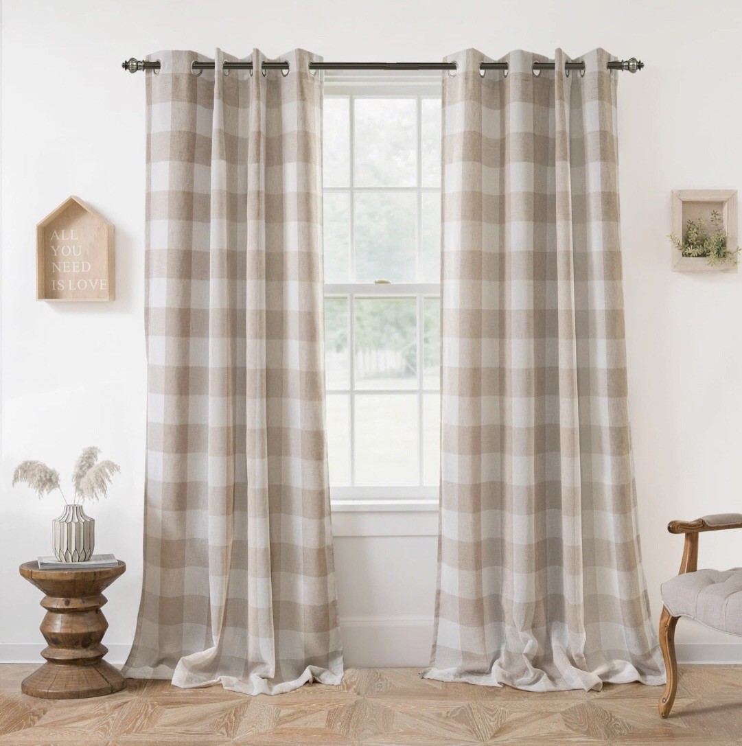 Buffalo Plaid Blackout Curtains Linen Textured Farmhouse Double Layer 52 X 84
