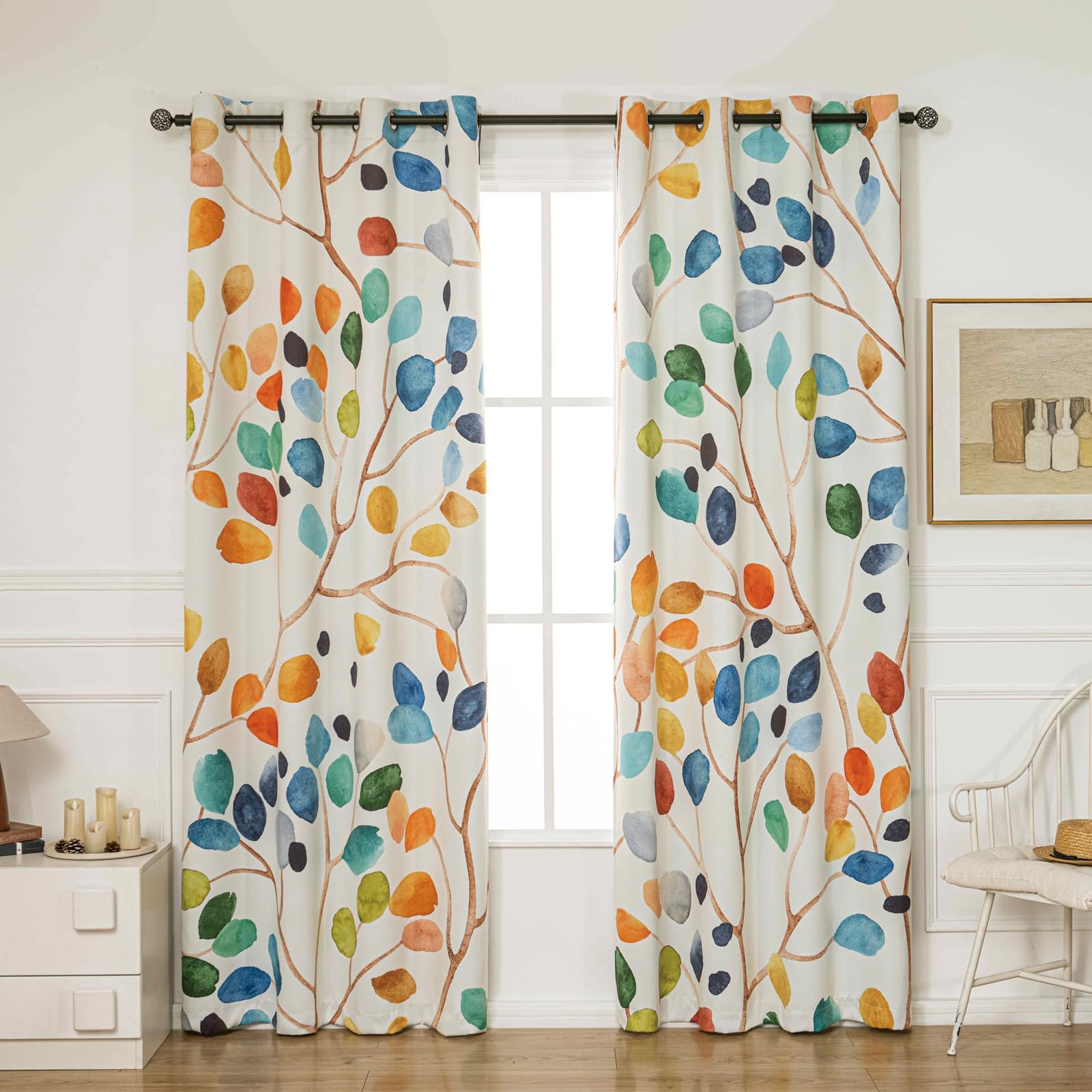 Boho Leaf Floral Blackout Curtains, Colorful Bohemian Print Window Drapes, Gr…