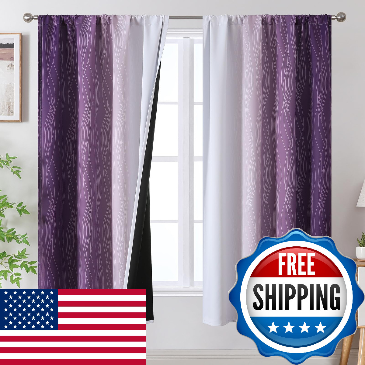 Estelar Textiler Purple And Greyish White Ombre Blackout Curtains 63 Inches