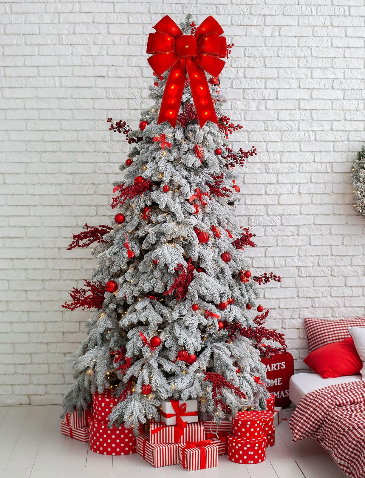 Red Christmas Bows w/ LED Lights Large Velvet for Wreaths Tree Outdoor 12×14 in