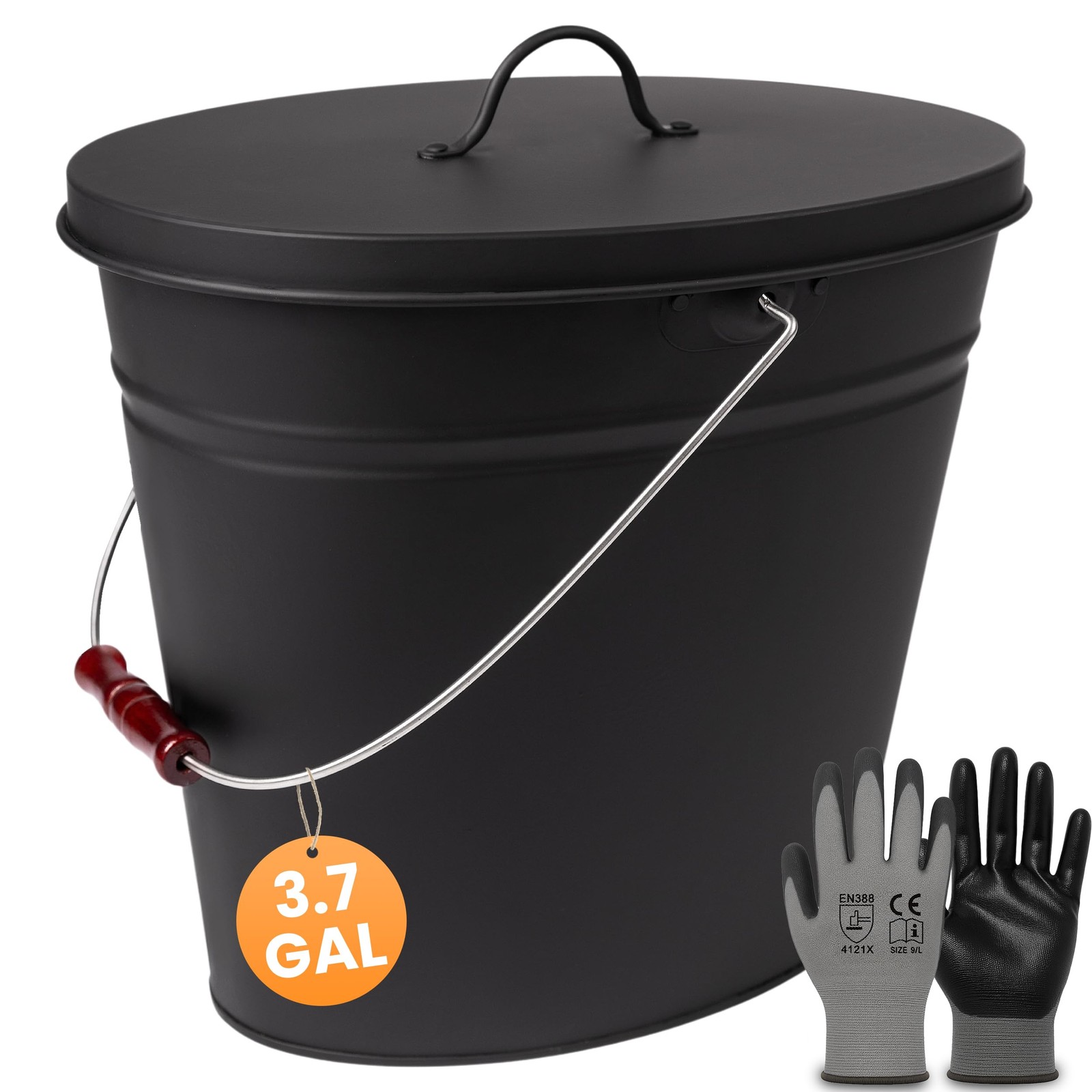 Ash Bucket Vesuvio 3.7 GAL –black oval with lid & gloves –large 15L –fireproo…