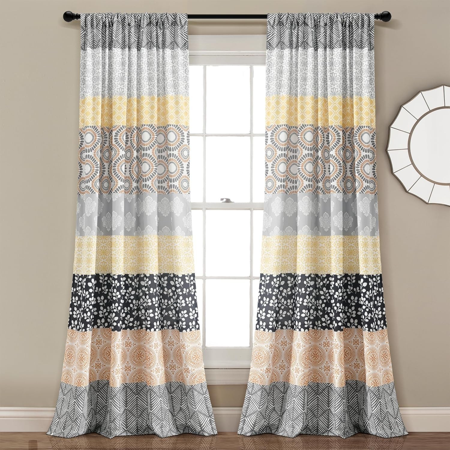 Bohemian Stripe Window Curtain Panels Pair 52″ W x 84″ L Yellow & Gray Light