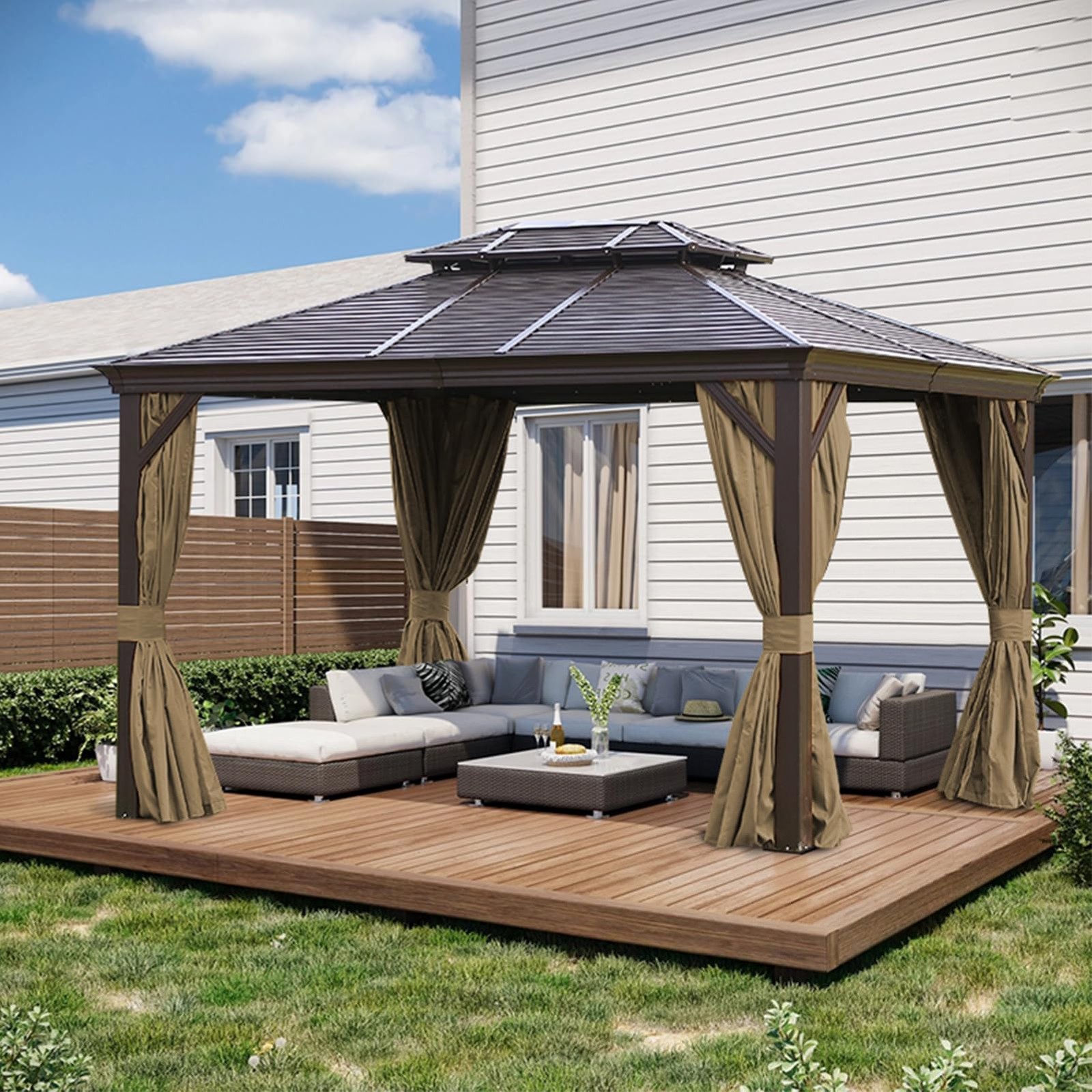 12×14 Gazebo Curtains Outdoor Waterproof Khaki 4-Panel Set Universal