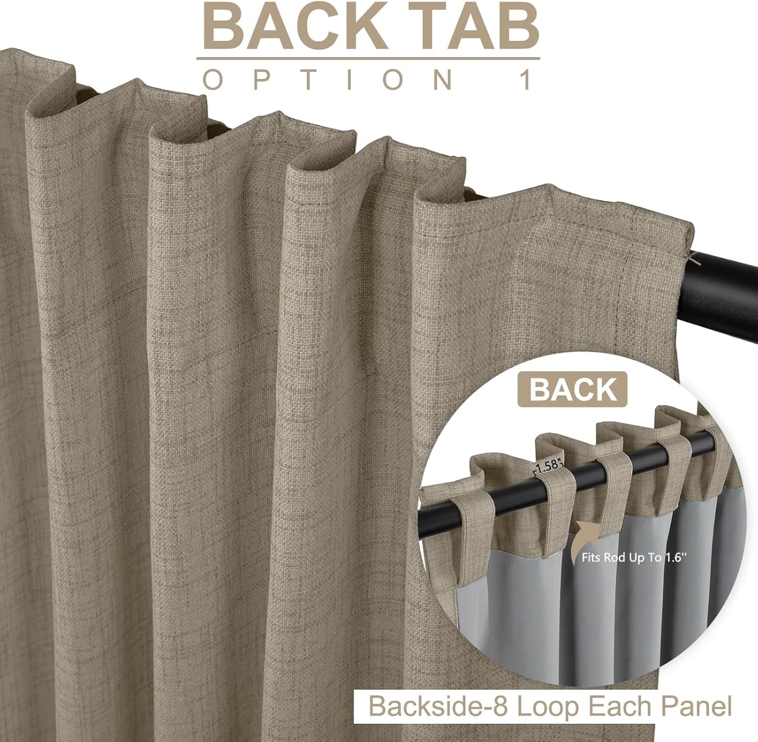 100% Blackout Shield Linen Blackout Curtains for Bedroom 120 Inches Long, Back T