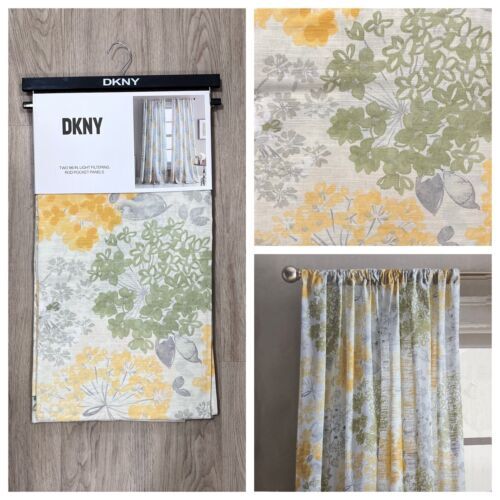 DKNY 50 x 96 Floral Fields Rod Pocket Cotton Curtains Yellow Green Gray Flowers