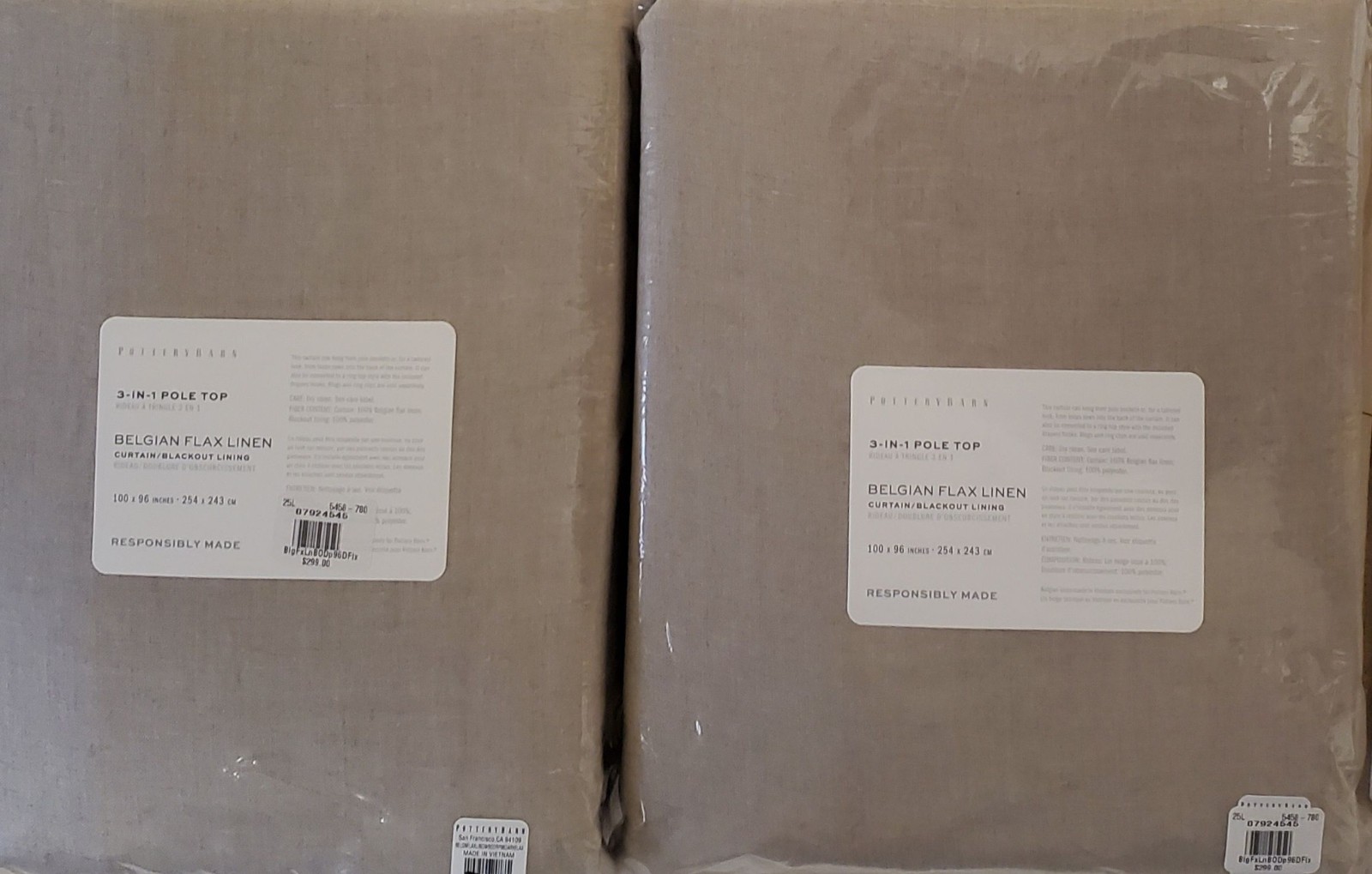 2 Pottery Barn BELGIAN FLAX LINEN Pole Top BLACKOUT Drapes~100″x96″ ~ DARK FLAX