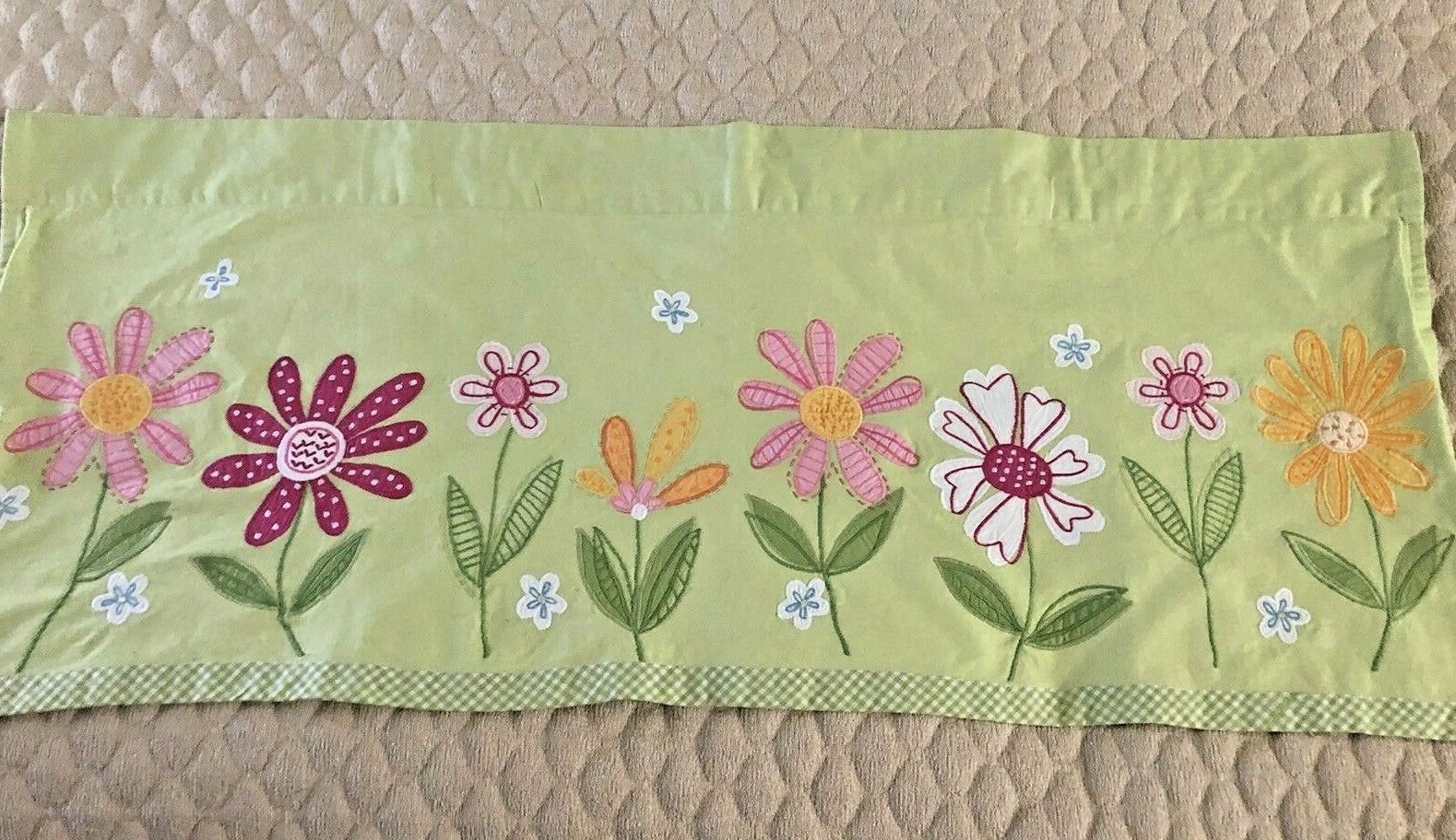 Pottery Barn Kids Valance Daisy Garden Lined Curtain Green Gingham Flowers 44×18