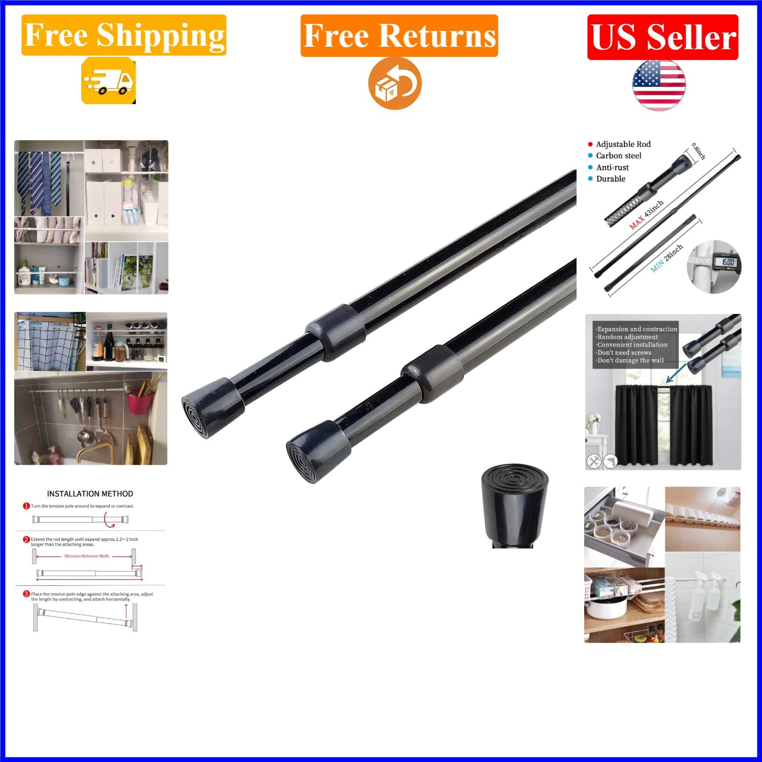 2pcs Black Adjustable Spring Tension Curtain Rods 28-43 Inches