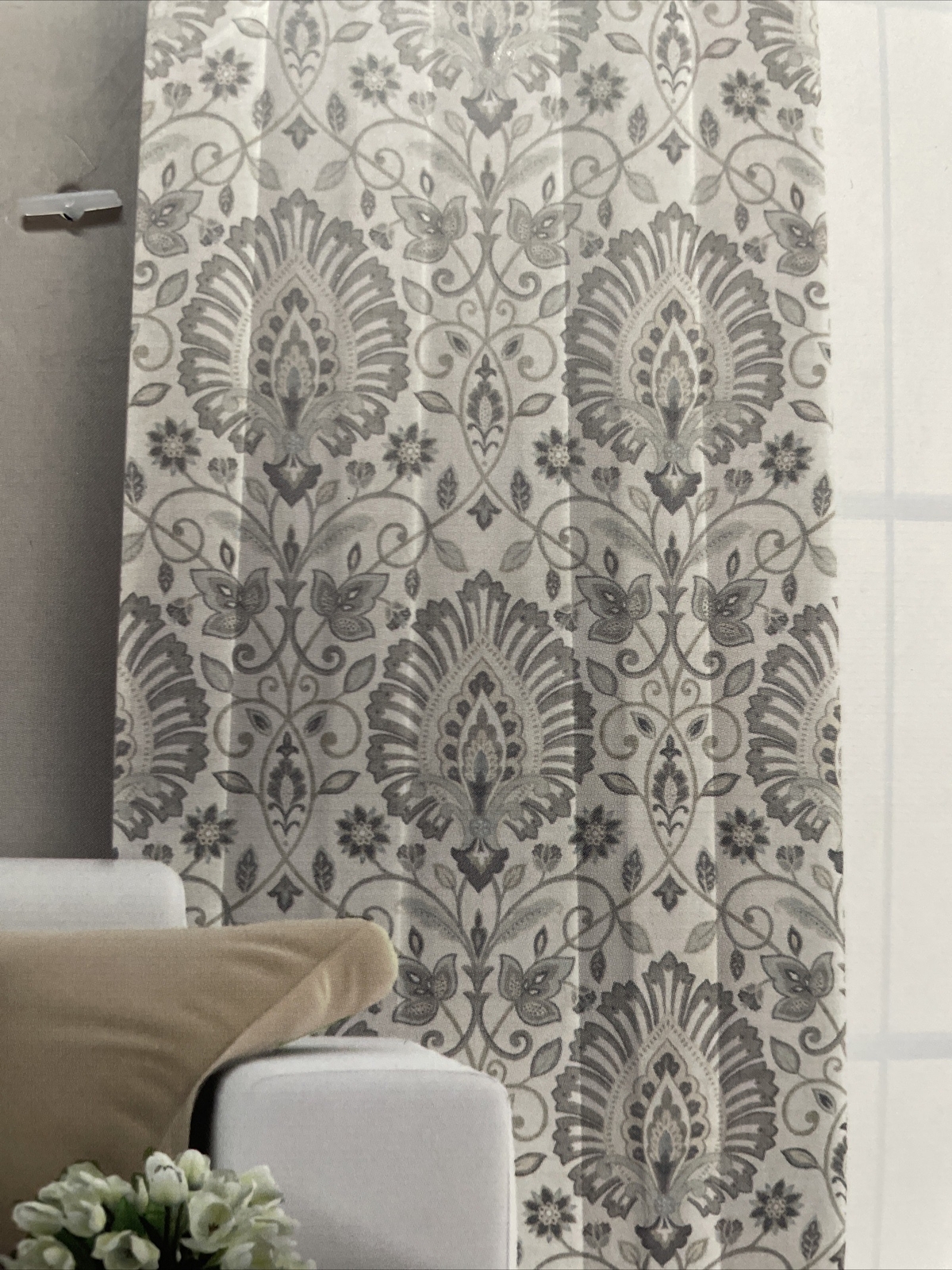 2 – Raymond Waites Curtain Window Panel Damask Grey Taupe Ivory Drapes 42 x 84”