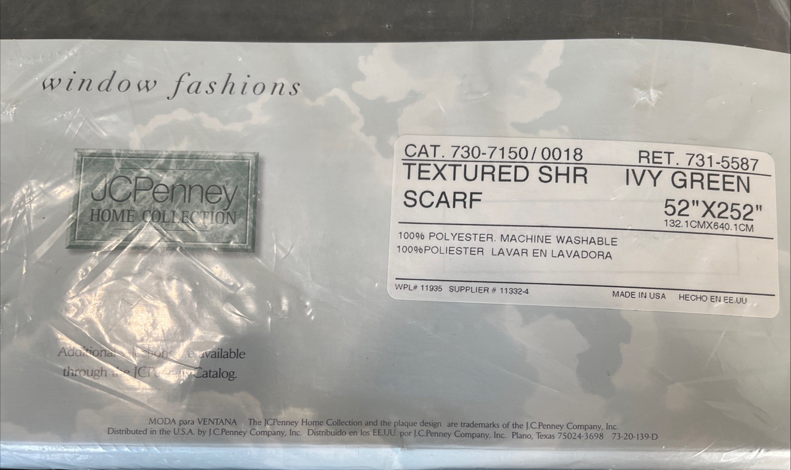 Vintage JC Penny Home Collection Ivy Green Scarf Textured Sheer 52” X 252” NEW