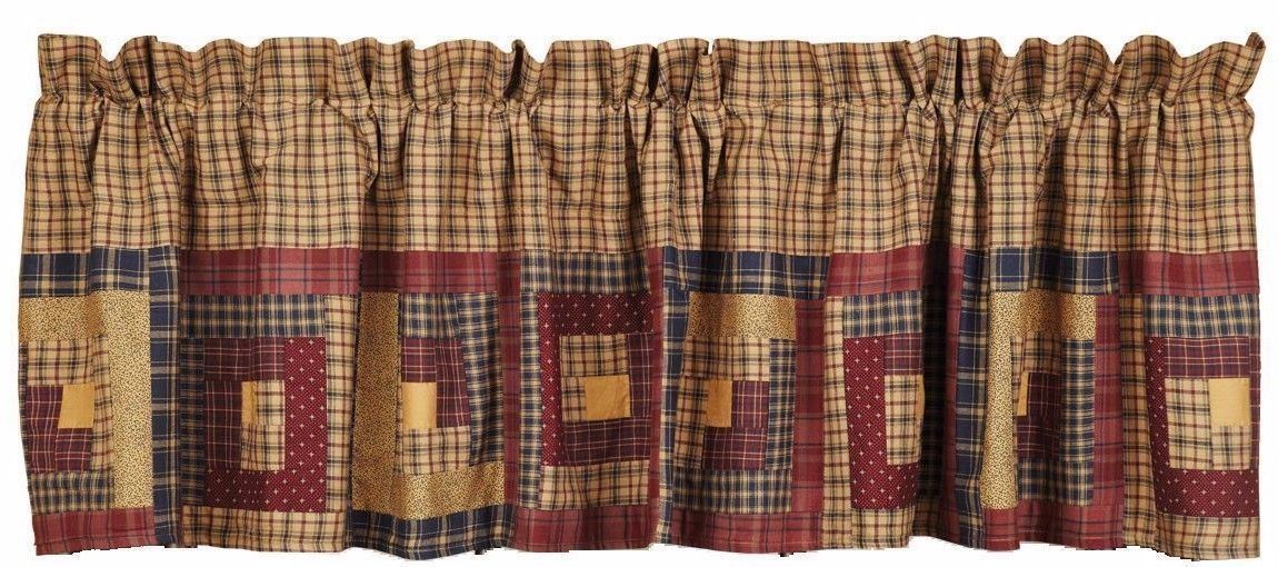 Lined Log Cabin Patchwork Window Valance Red Navy Tan Plaid Cotton Millsboro