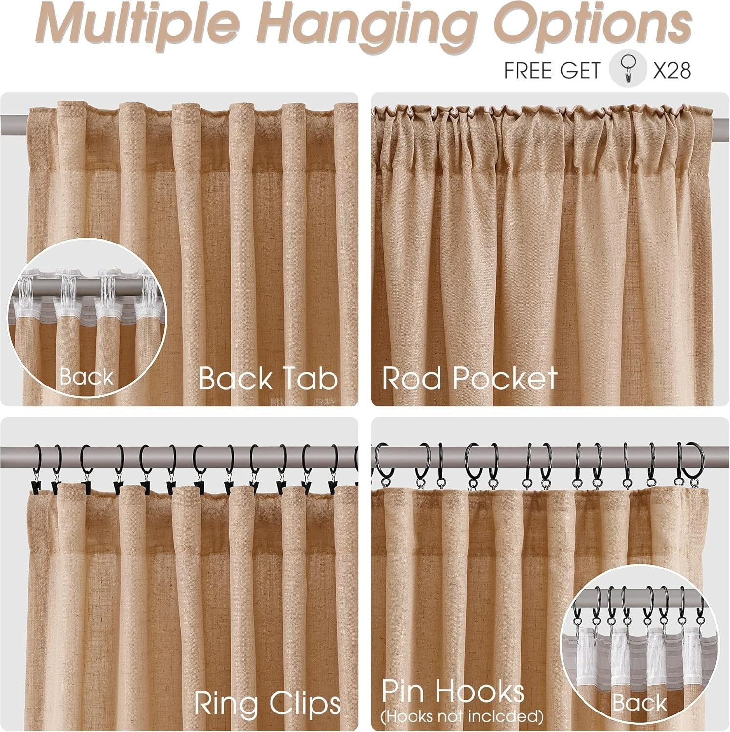 Camel Linen Curtains 90 Inch Length 2 Panels Set for Living Room NIP (B0136)