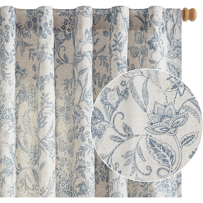 Elegant Peony Flower Linen Blend Curtains Privacy & Light Filtering 2 Panels New
