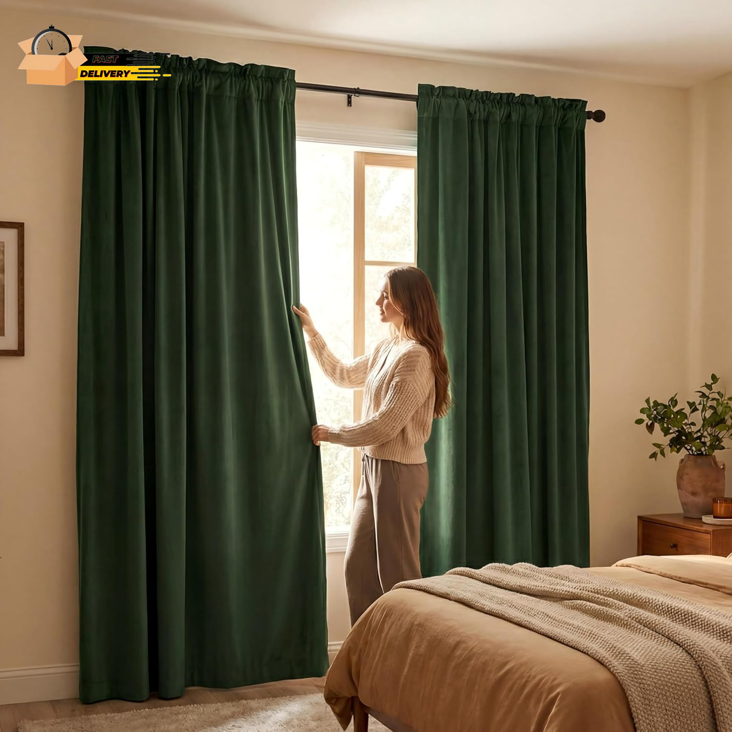 Dark Olive Green Velvet 100% Blackout Curtains 84 Inches Long, Forest Green Cur