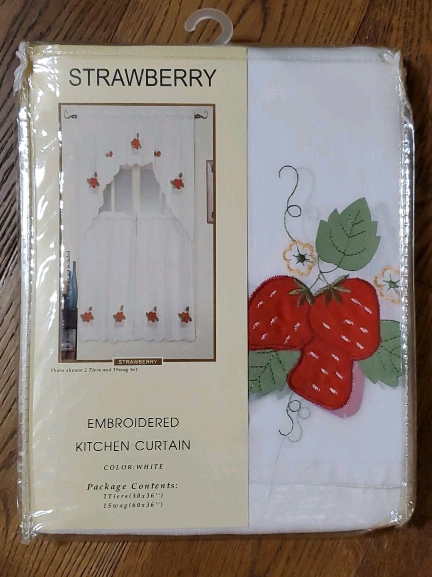 3pc. Embroidered Curtains Set: 2 Tiers & Swag (60″x36″) EDITEX STRAWBERRIES NEW