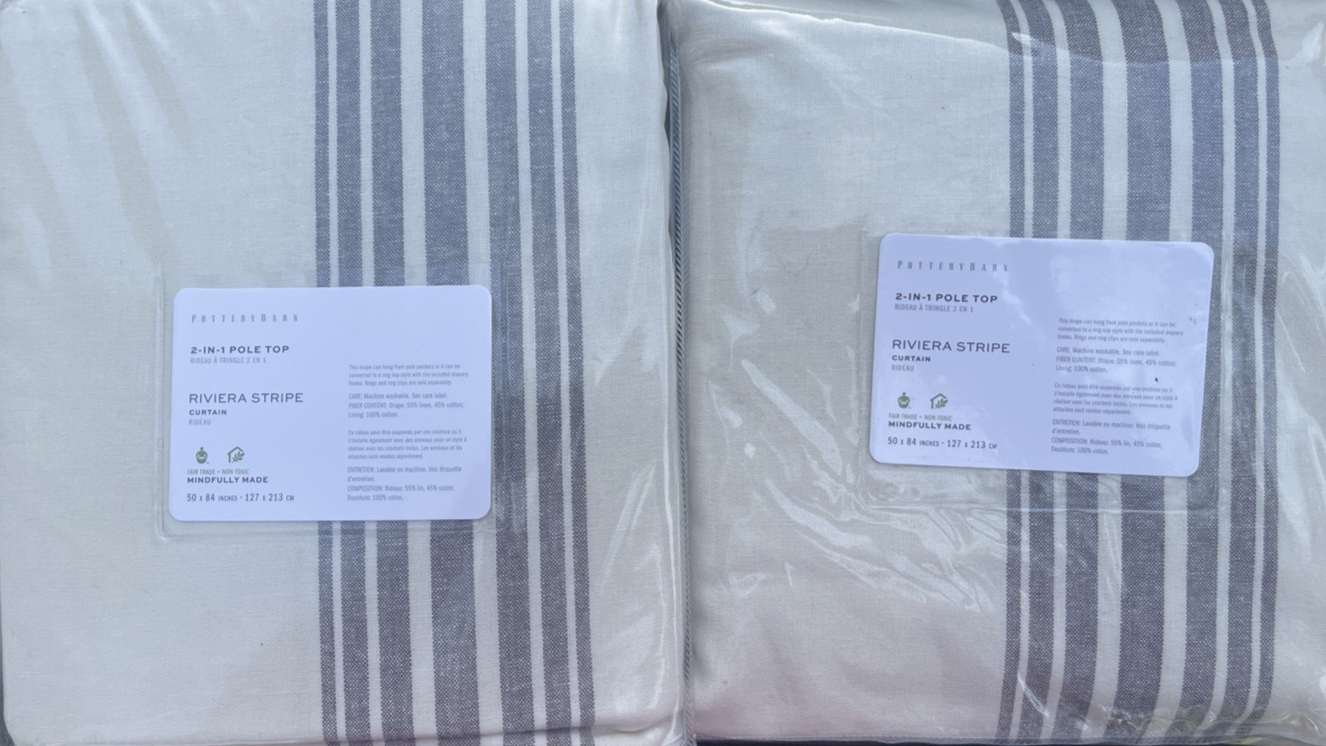 Set of (2) Pottery Barn Riviera Stripe Cotton Lined Drapes Charcoal Gray 50×84″